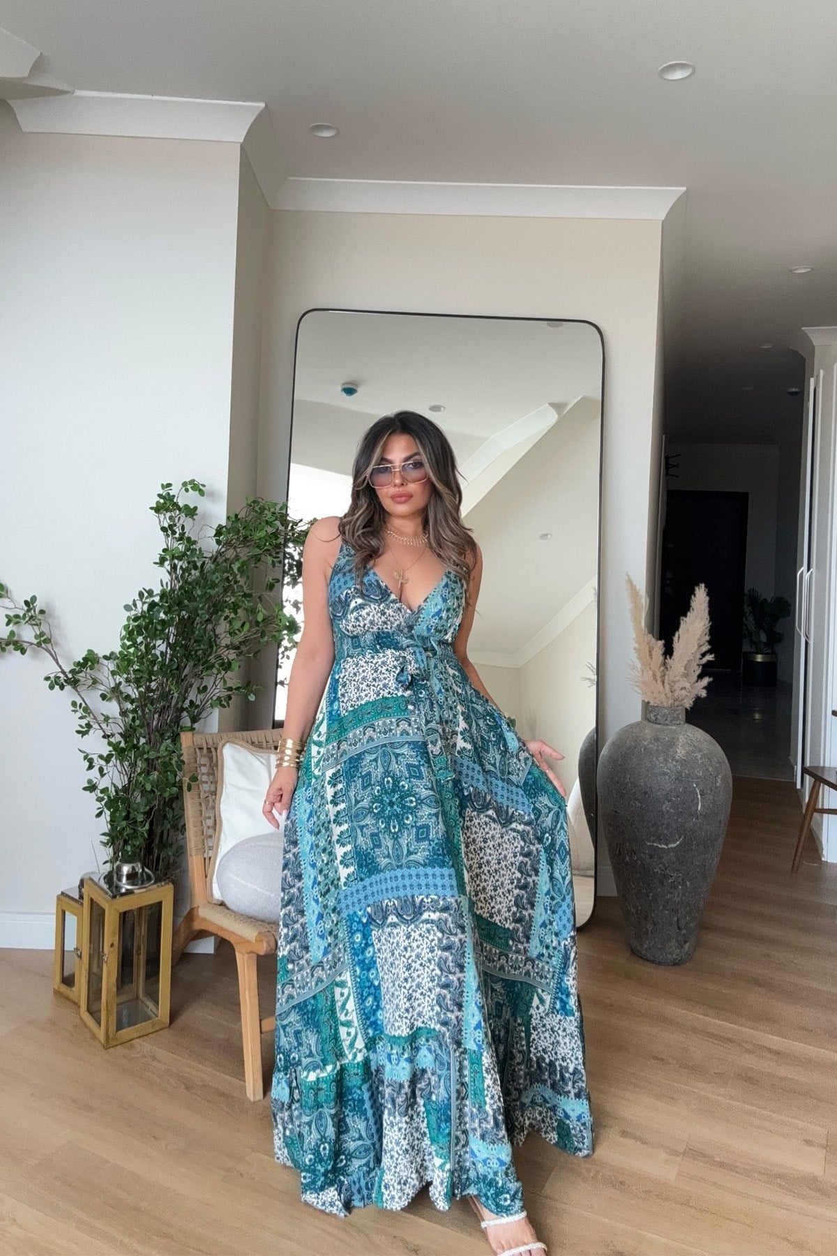 Üçgen Kup Detay Maxi Viskon Elbise Mavi
