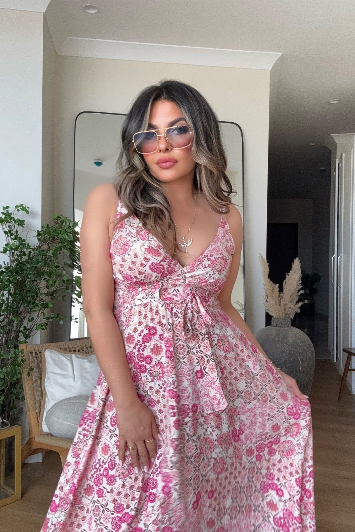 Üçgen Kup Detay Maxi Viskon Elbise Pembe