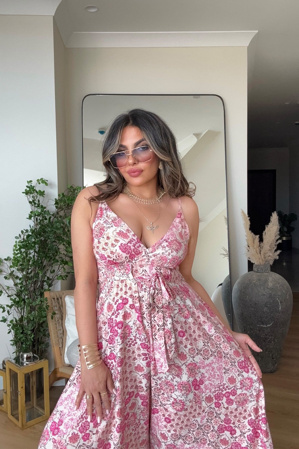 Üçgen Kup Detay Maxi Viskon Elbise Pembe