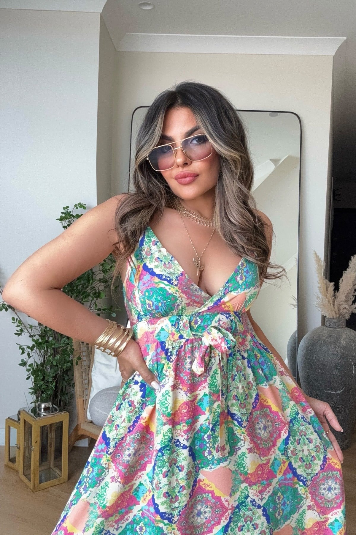 Üçgen Kup Detay Maxi Viskon Elbise Renkli