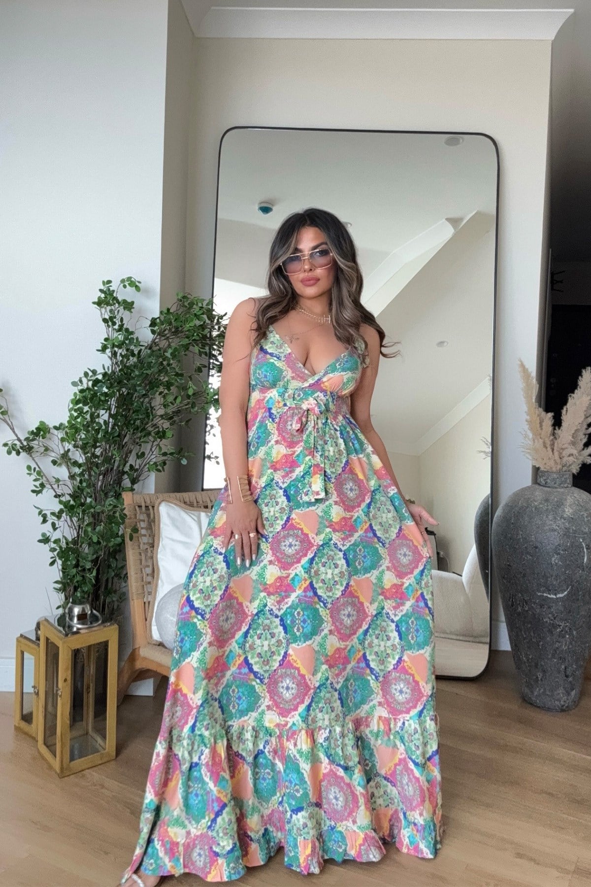 Üçgen Kup Detay Maxi Viskon Elbise Renkli