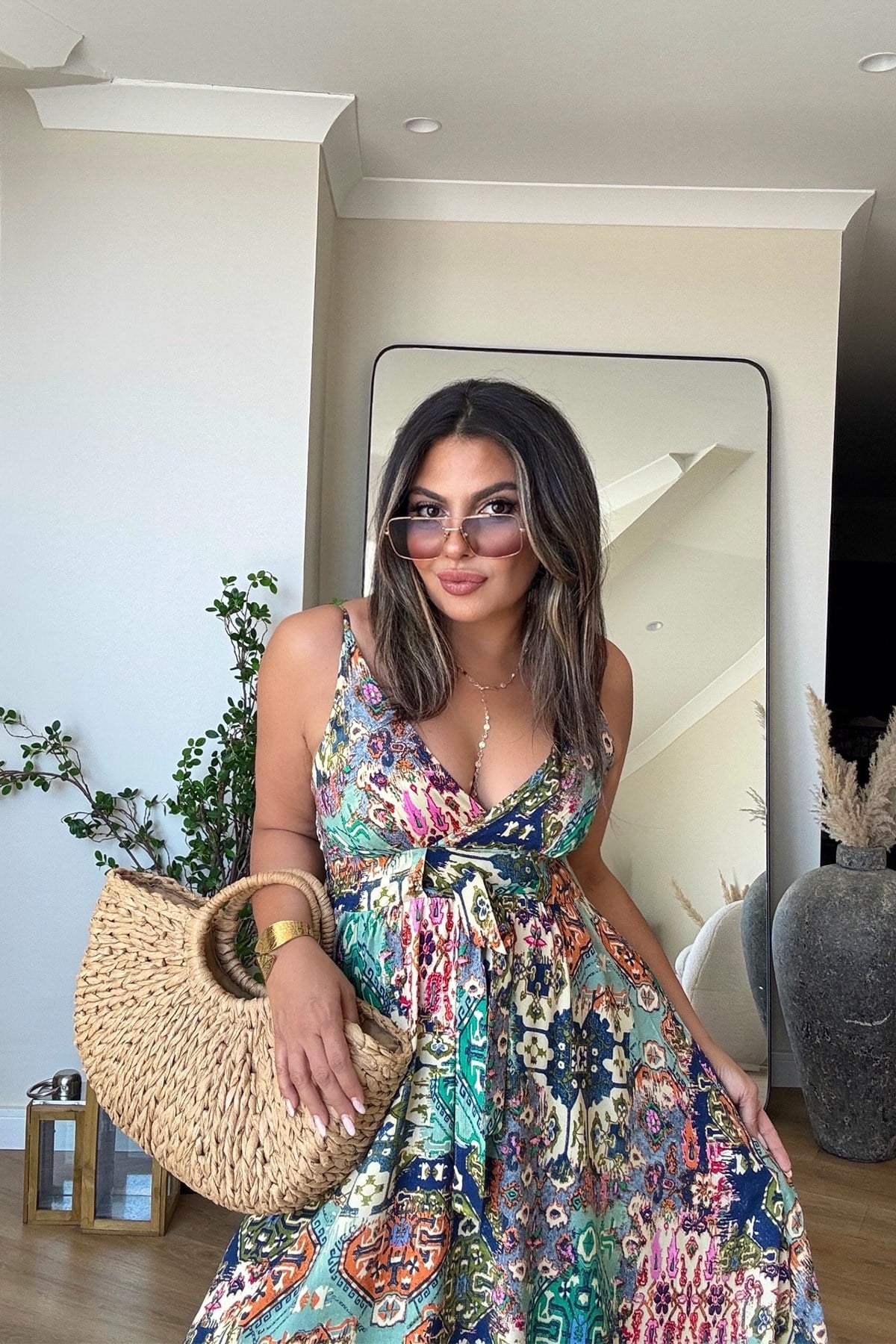 Üçgen Kup Detay Maxi Viskon Elbise Yeşil