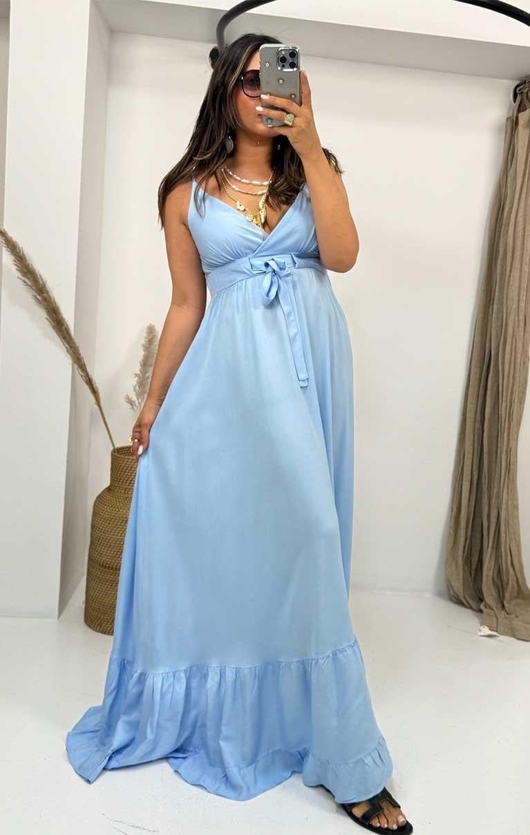 Üçgen Kup Detaylı Maxi Elbise Bebe Mavi