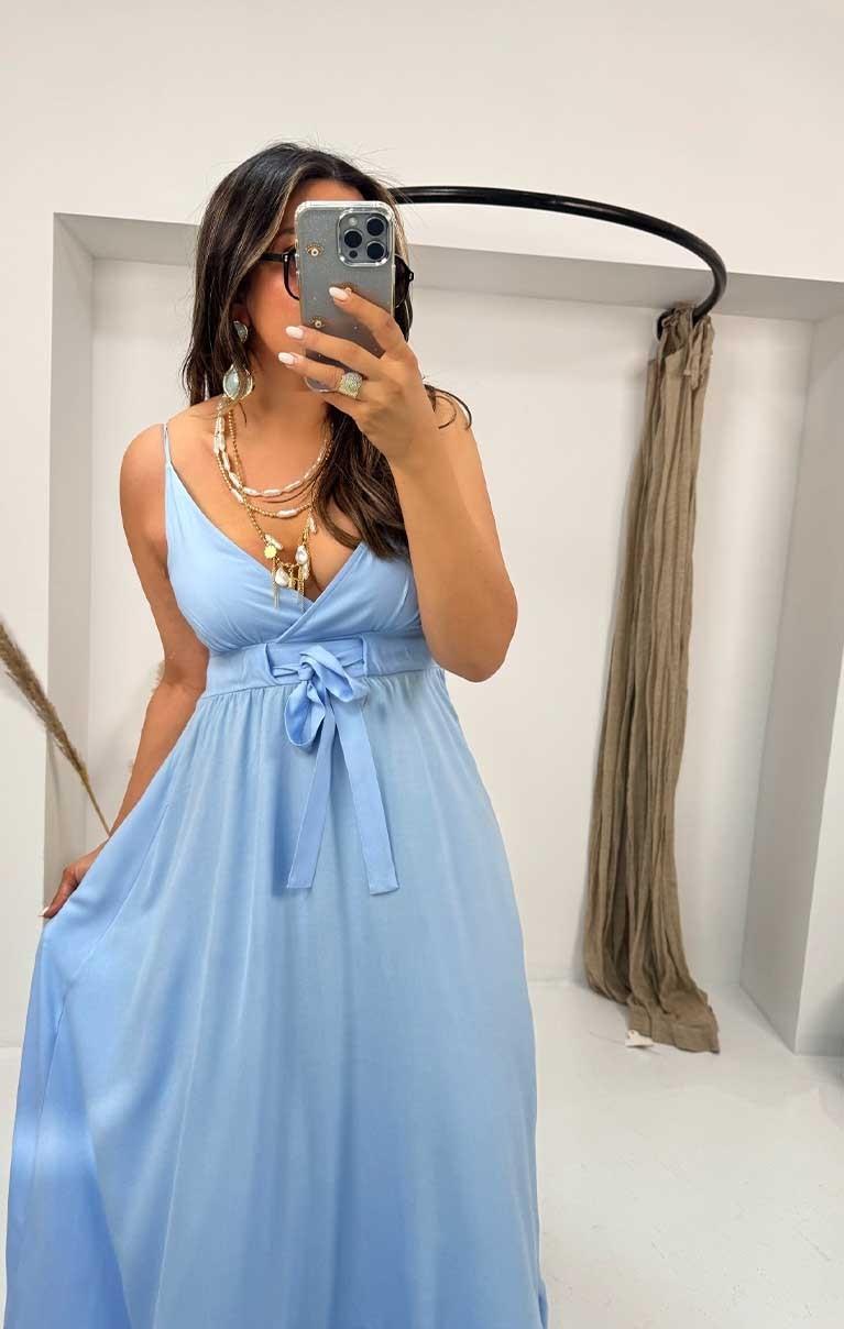 Üçgen Kup Detaylı Maxi Elbise Bebe Mavi