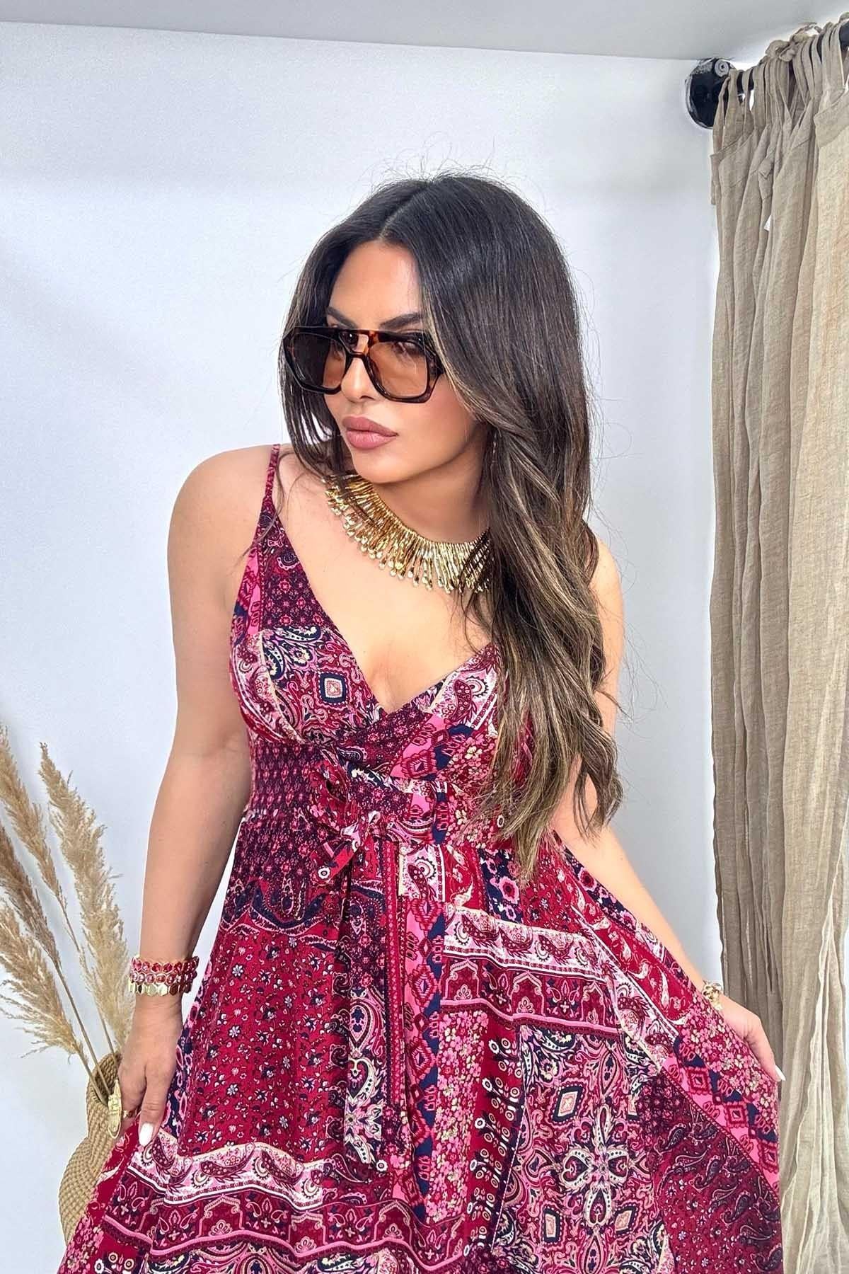 Üçgen Kup Detaylı Maxi Elbise Bordo