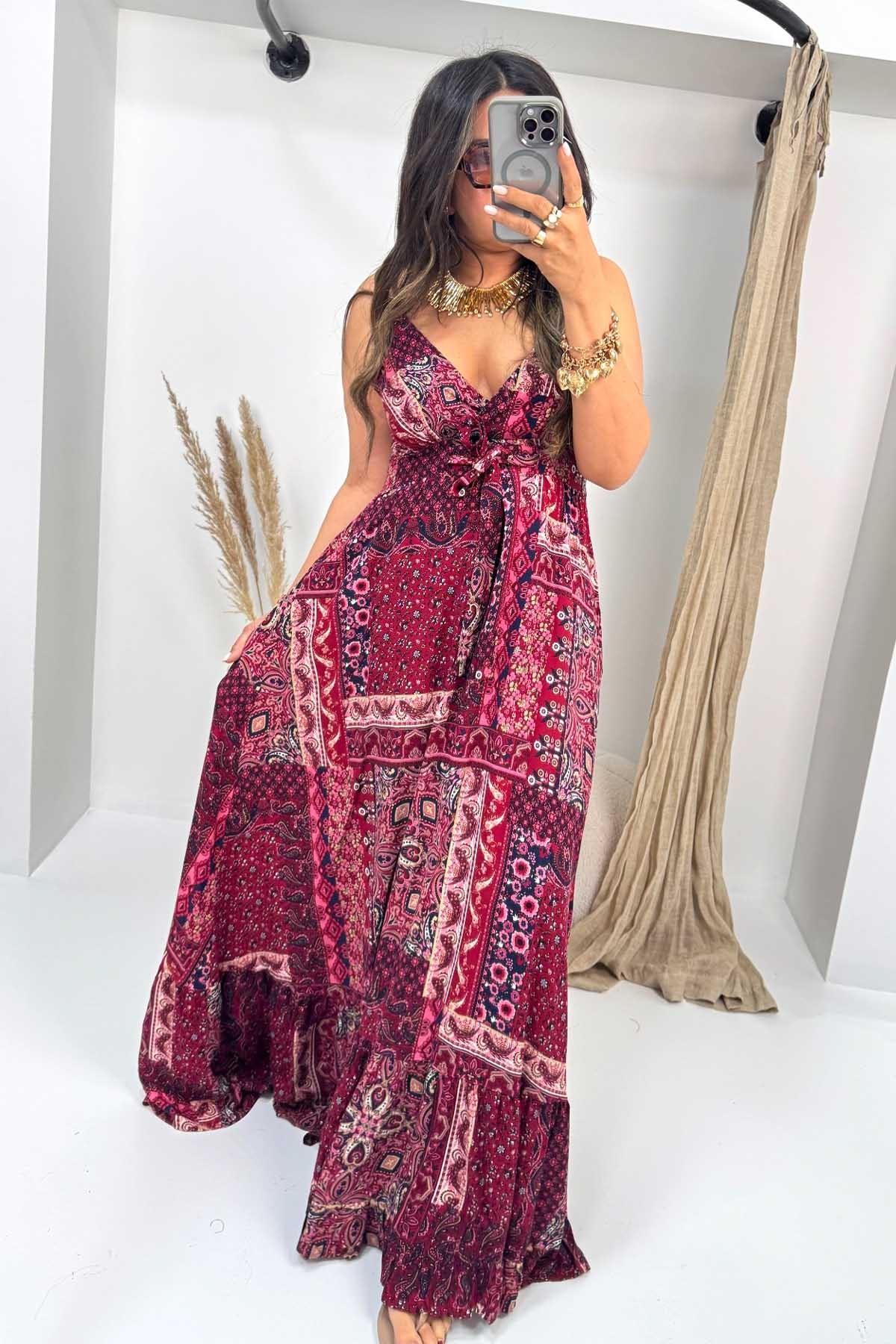 Üçgen Kup Detaylı Maxi Elbise Bordo