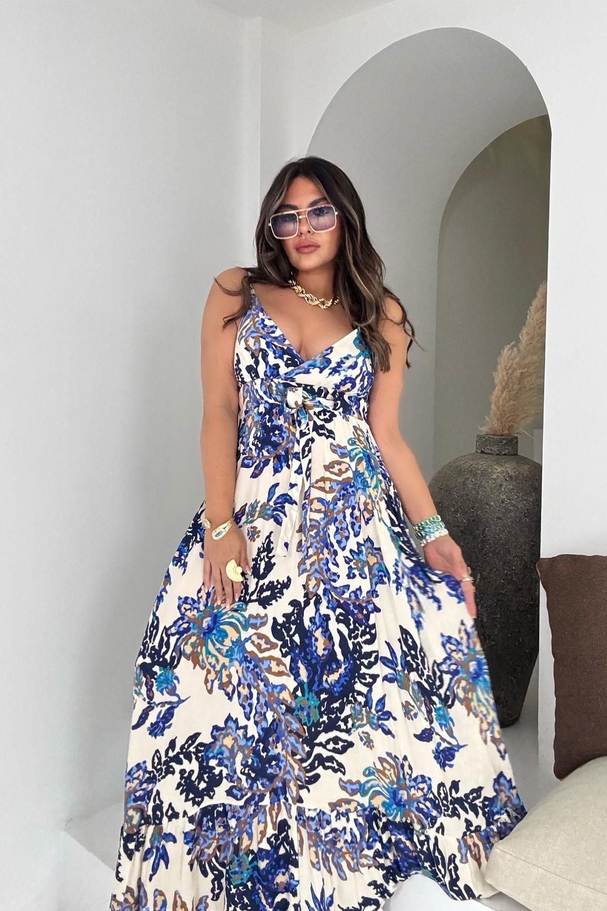 Üçgen Kup Detaylı Maxi Elbise Camel-Lacivert
