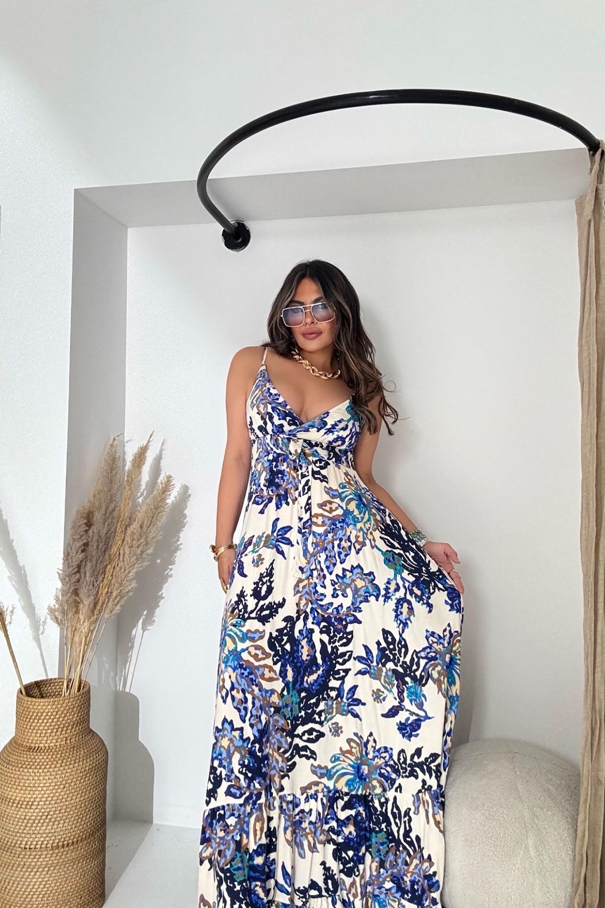 Üçgen Kup Detaylı Maxi Elbise Camel-Lacivert