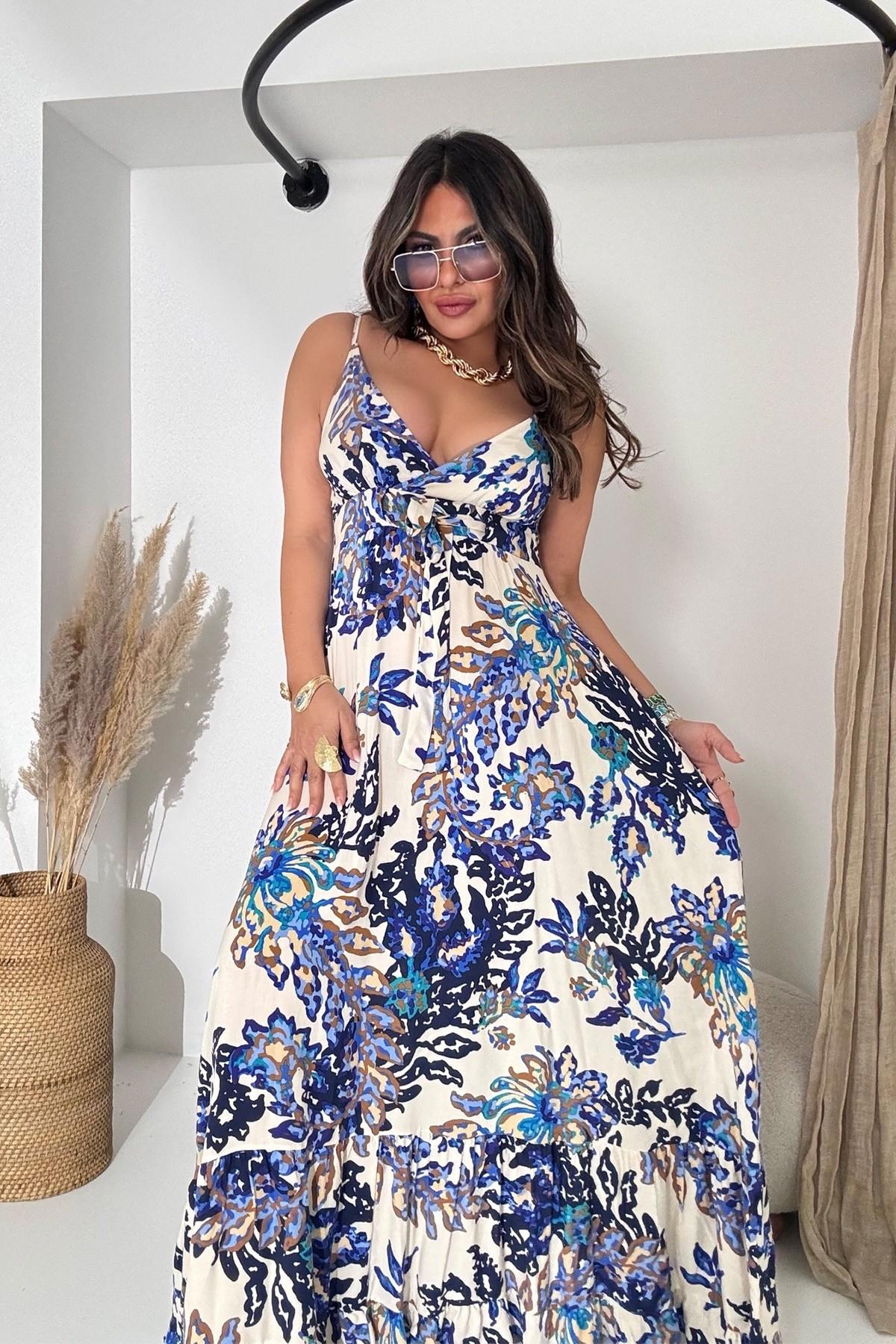 Üçgen Kup Detaylı Maxi Elbise Camel-Lacivert