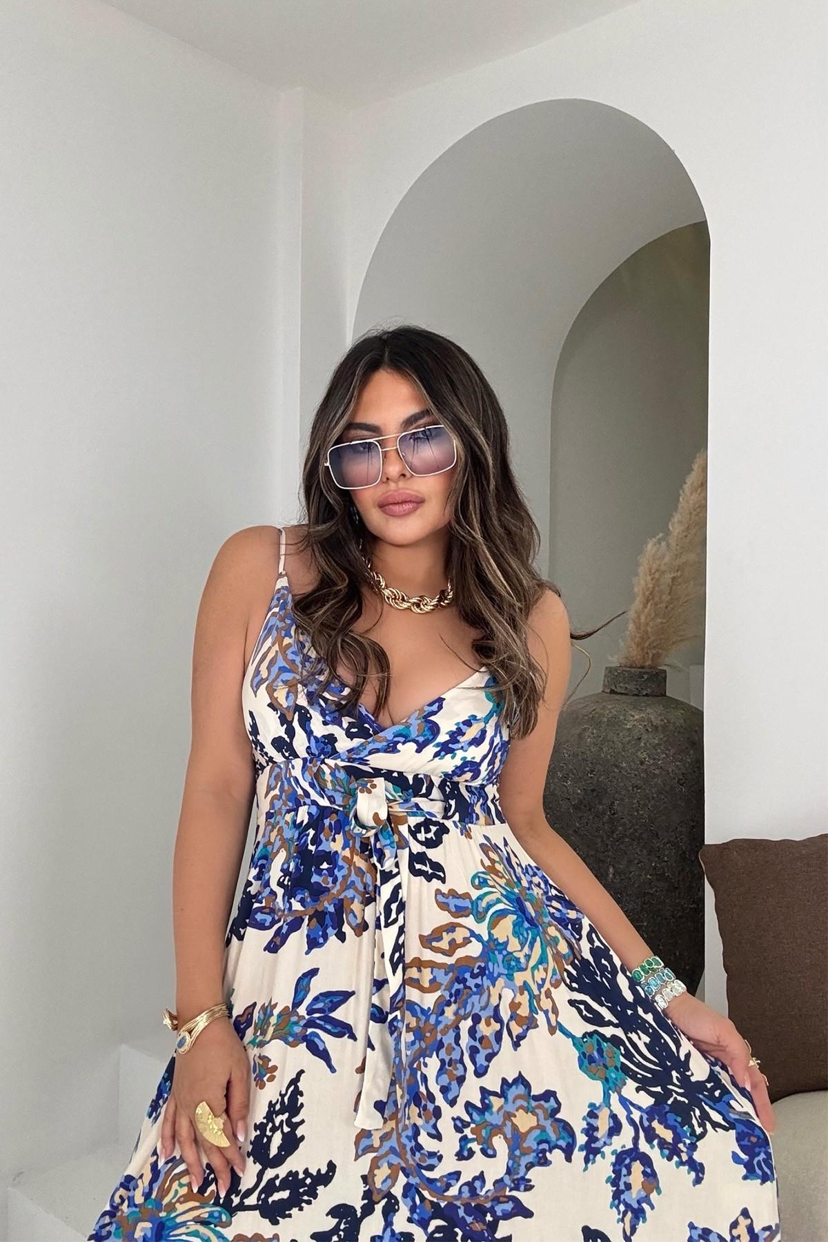 Üçgen Kup Detaylı Maxi Elbise Camel-Lacivert
