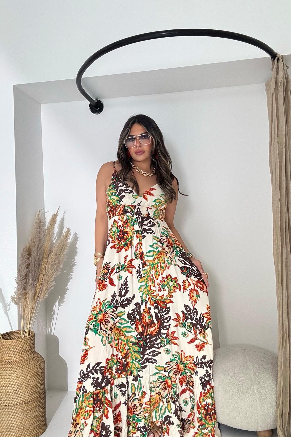 Üçgen Kup Detaylı Maxi Elbise Kiremit-Taş