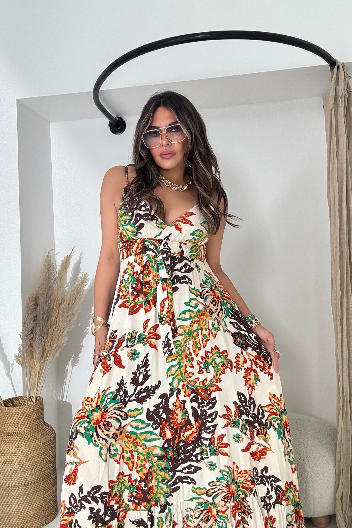 Üçgen Kup Detaylı Maxi Elbise Kiremit-Taş