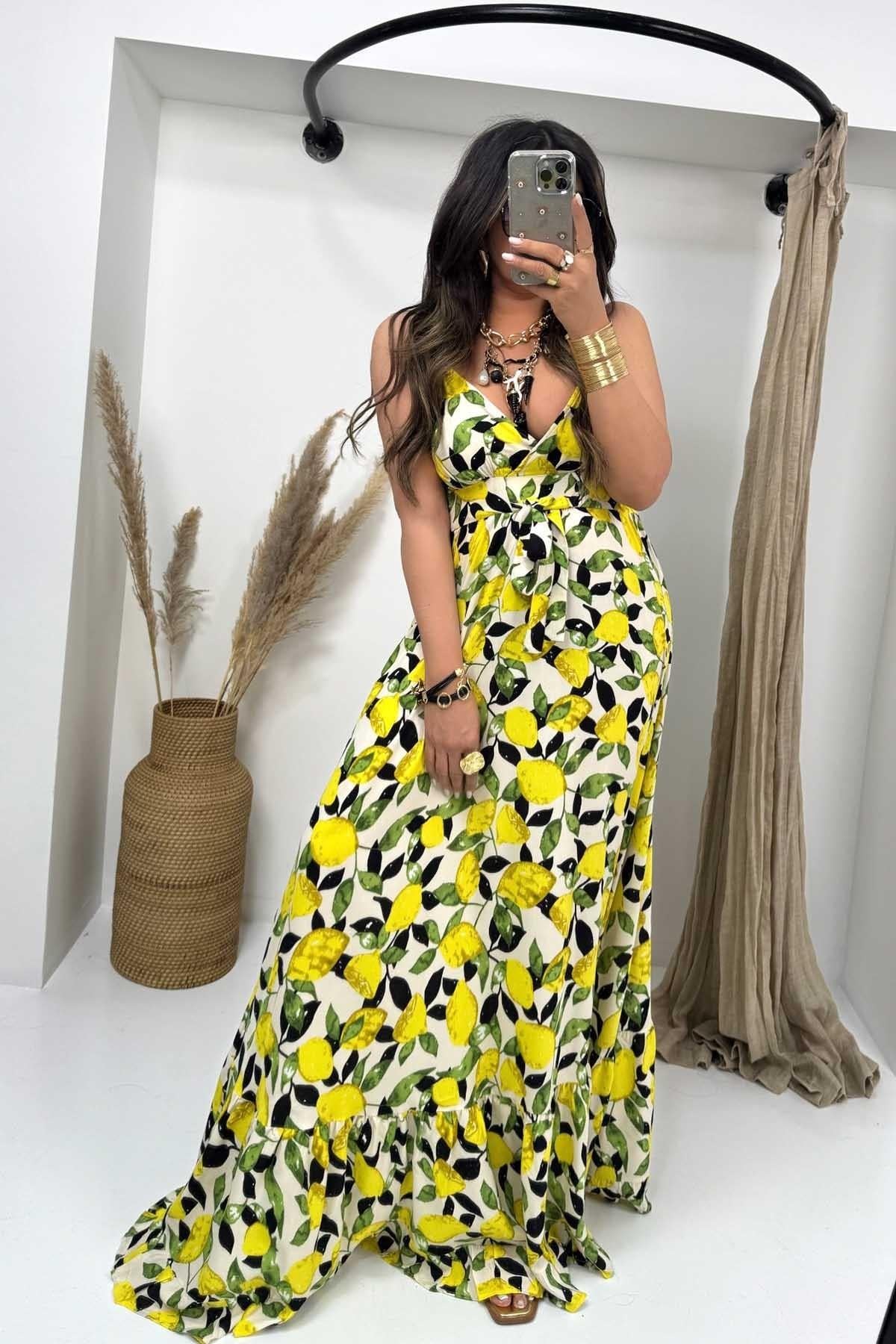 Üçgen Kup Detaylı Maxi Elbise Limon Sarısı