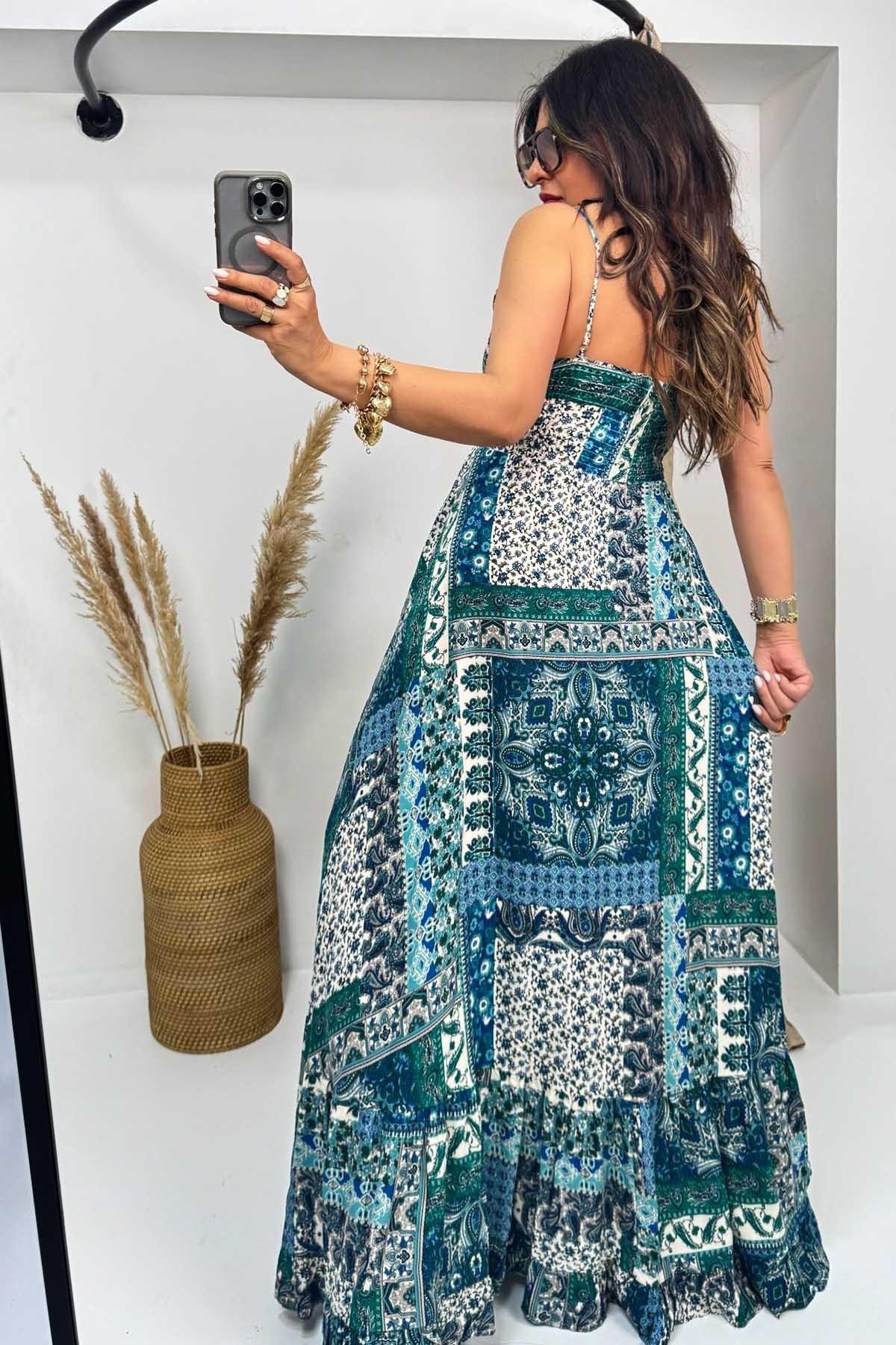 Üçgen Kup Detaylı Maxi Elbise Mavi