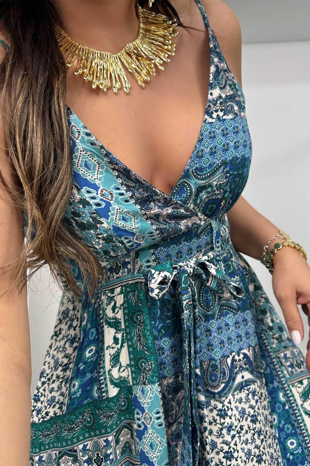 Üçgen Kup Detaylı Maxi Elbise Mavi