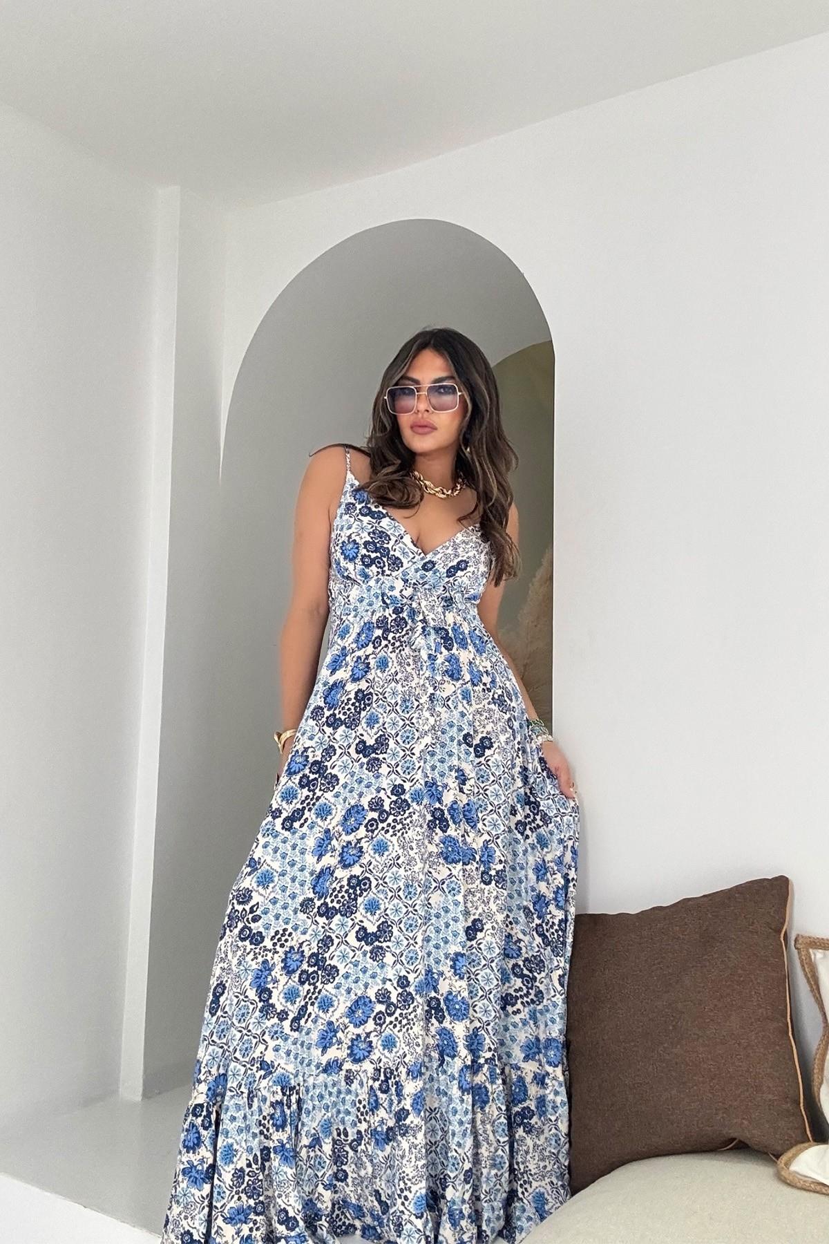 Üçgen Kup Detaylı Maxi Elbise Mavi-Taş