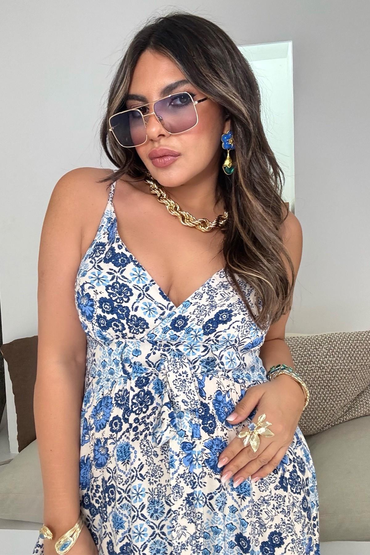 Üçgen Kup Detaylı Maxi Elbise Mavi-Taş