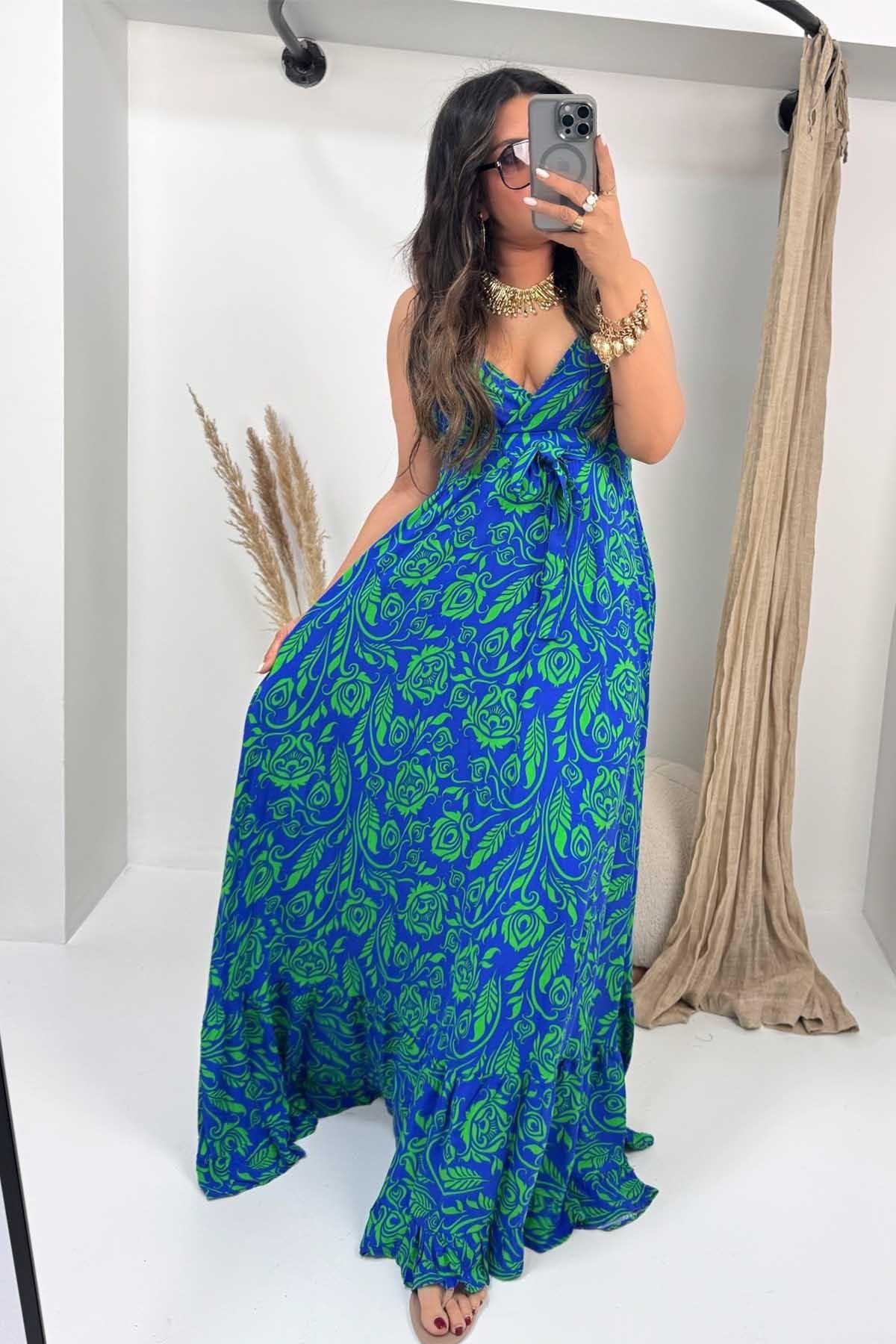 Üçgen Kup Detaylı Maxi Elbise Mavi-Yeşil