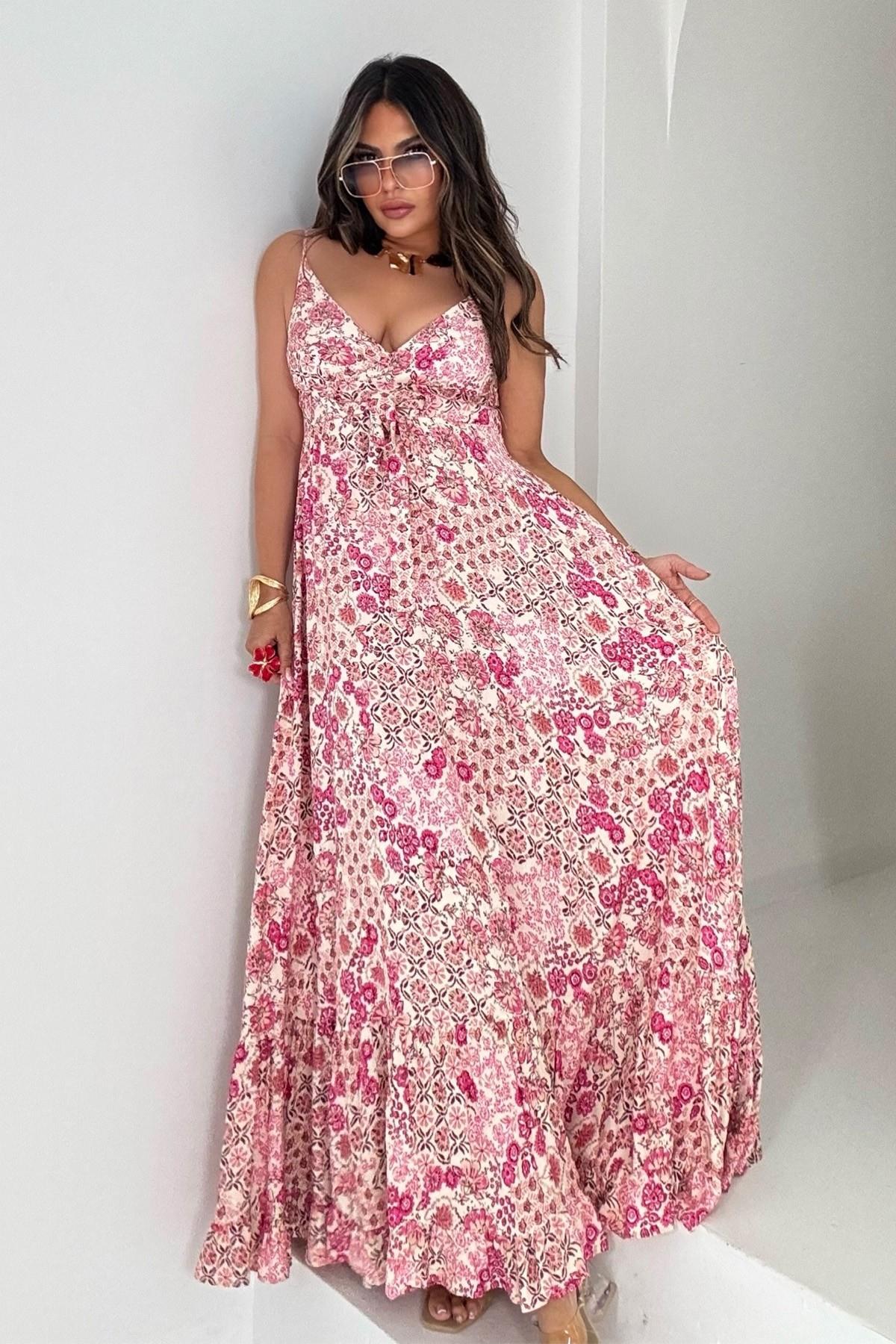 Üçgen Kup Detaylı Maxi Elbise Pembe-Taş