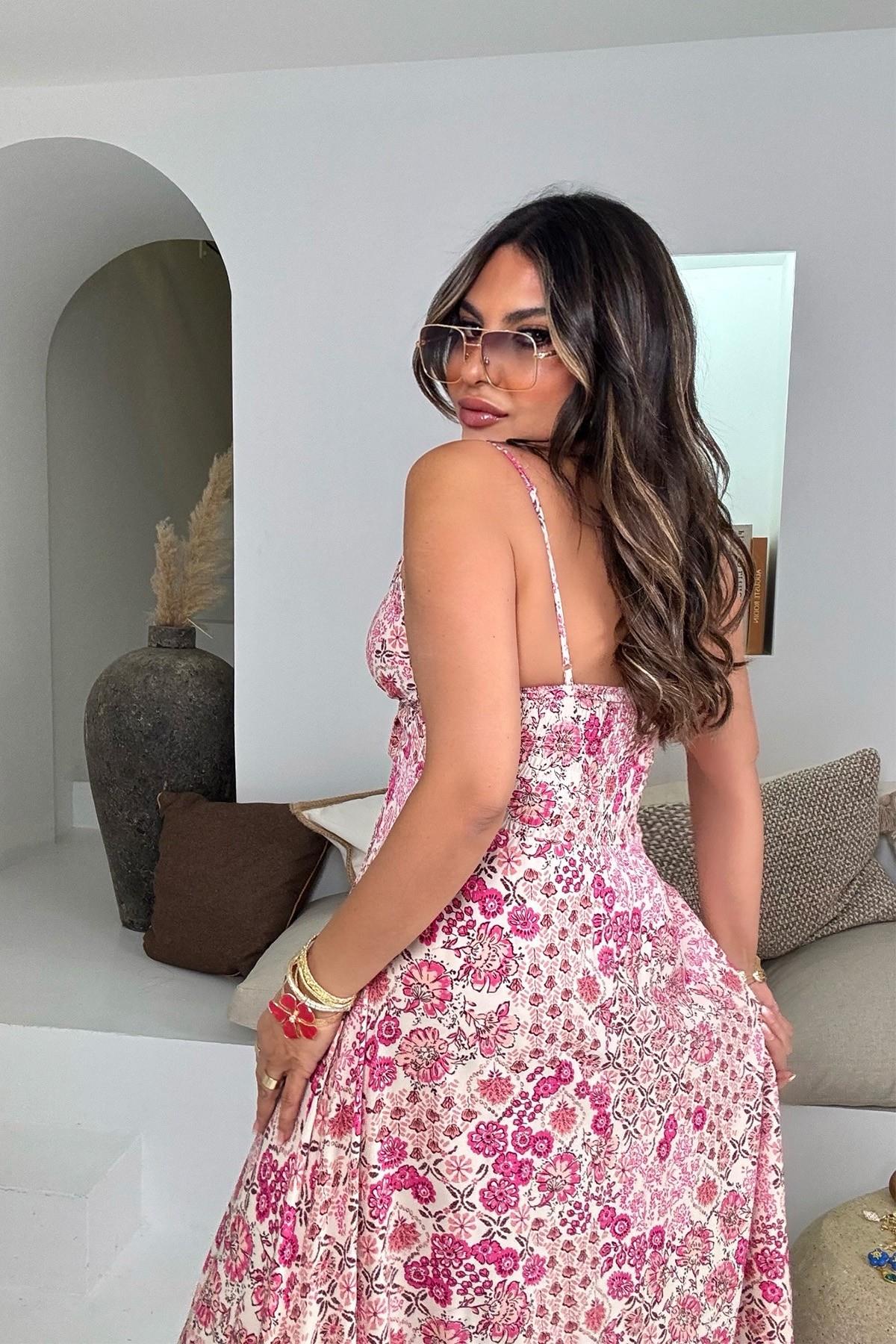 Üçgen Kup Detaylı Maxi Elbise Pembe-Taş
