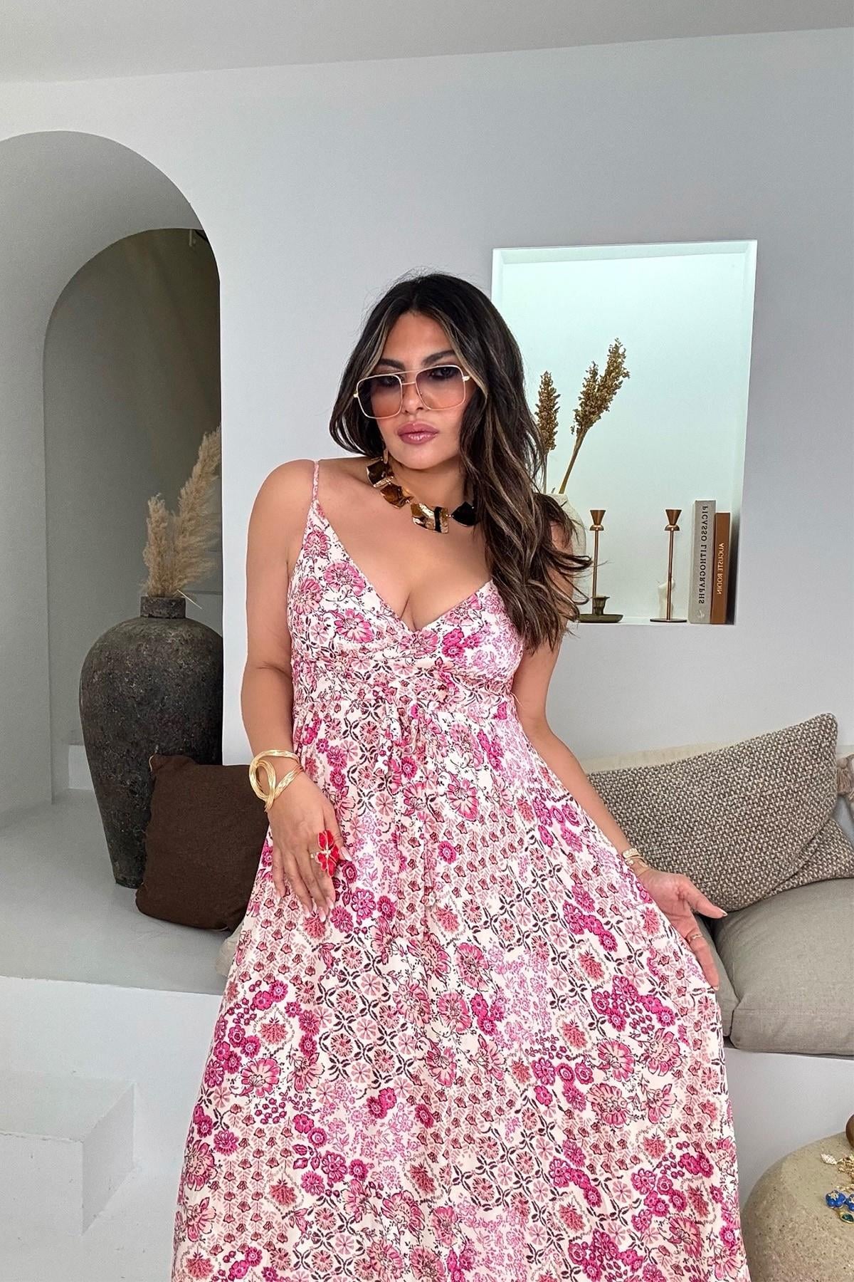 Üçgen Kup Detaylı Maxi Elbise Pembe-Taş