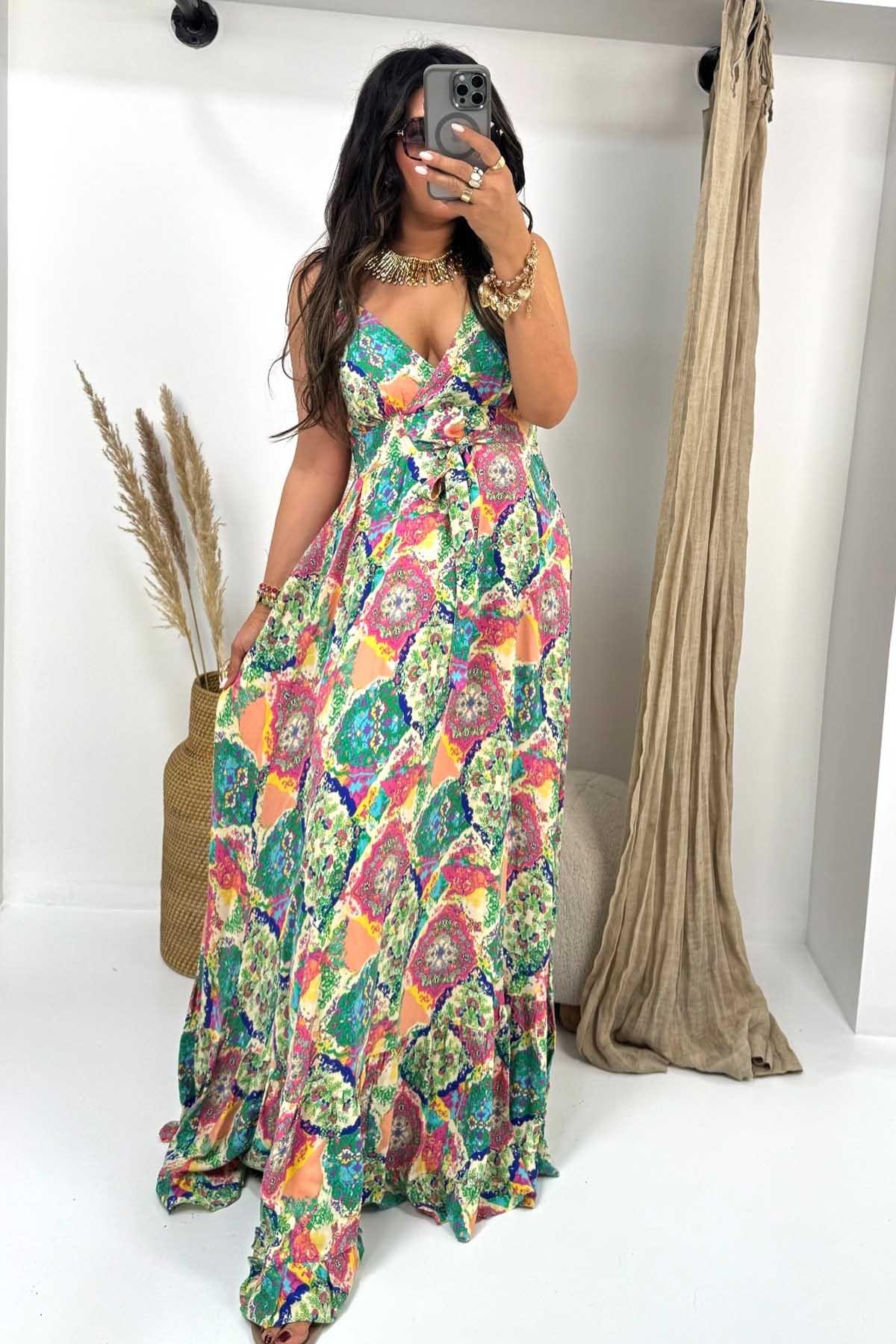 Üçgen Kup Detaylı Maxi Elbise Pembe-Yeşil