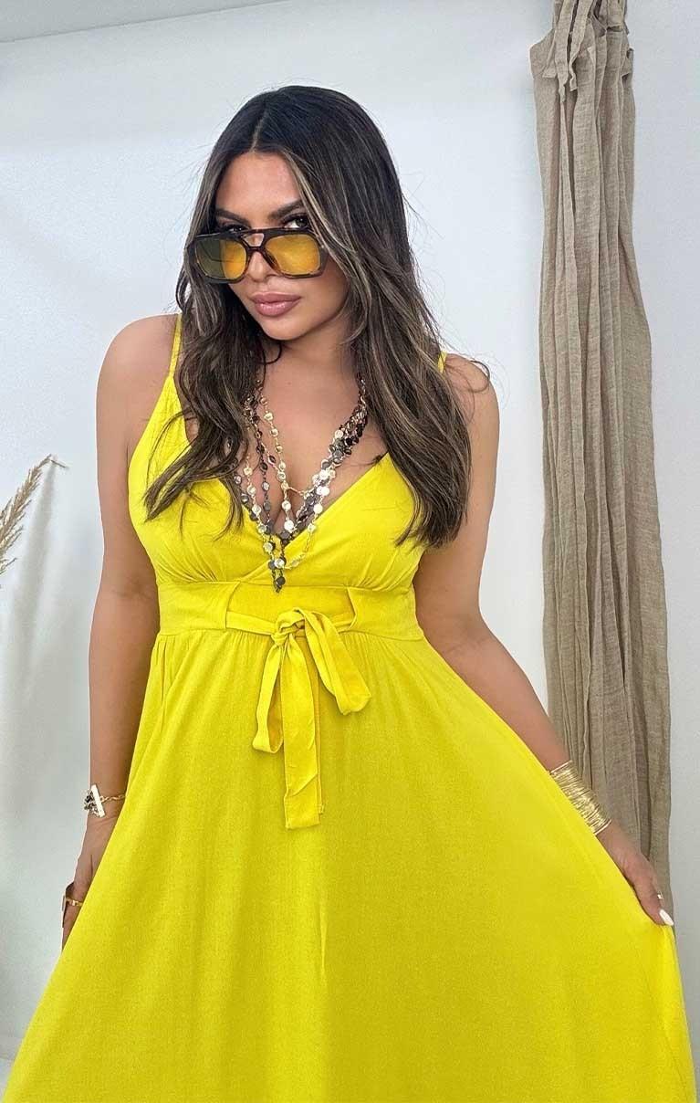 Üçgen Kup Detaylı Maxi Elbise Sarı