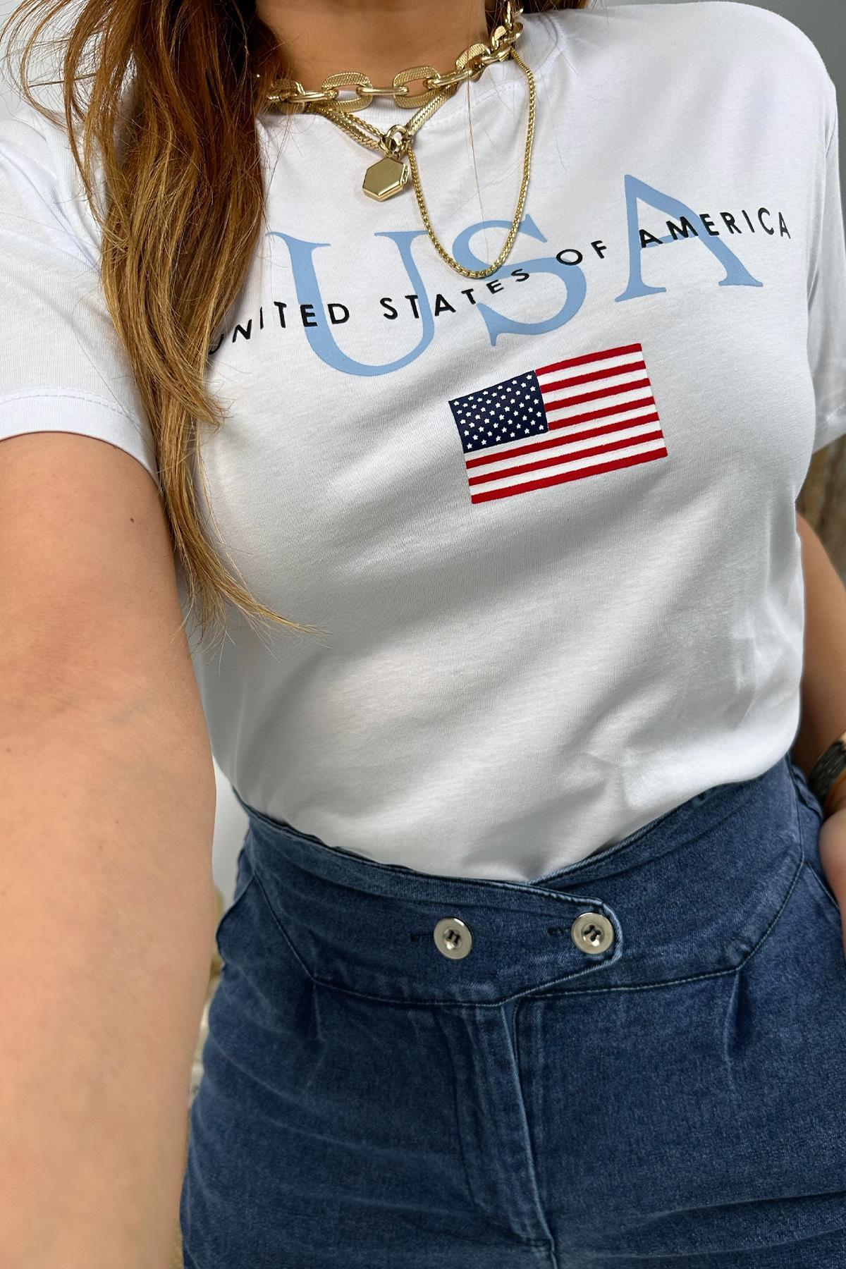 USA Baskılı Tshirt Beyaz