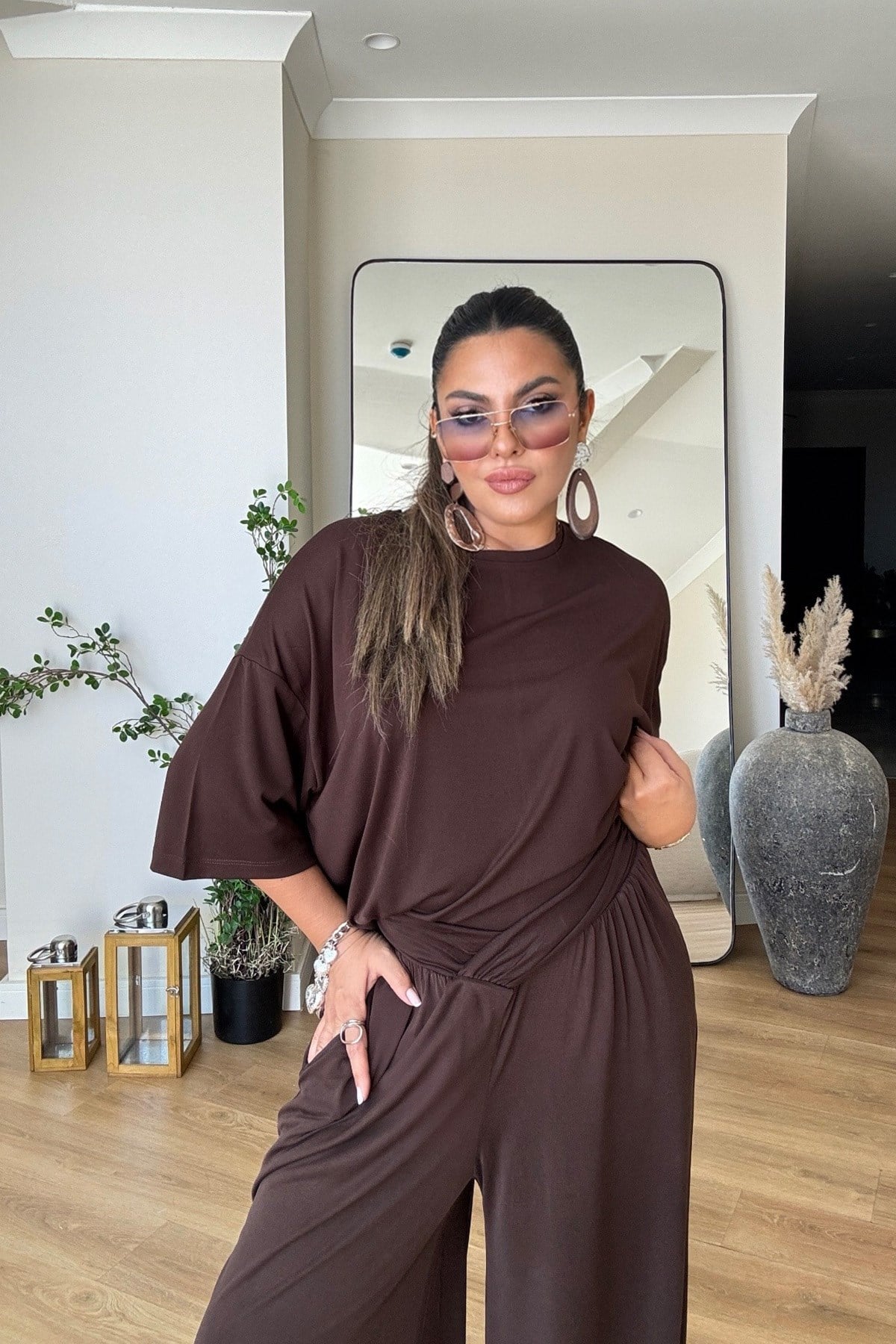 V Kesim Bel Detay Lastikli Modal Pantolon Kahve
