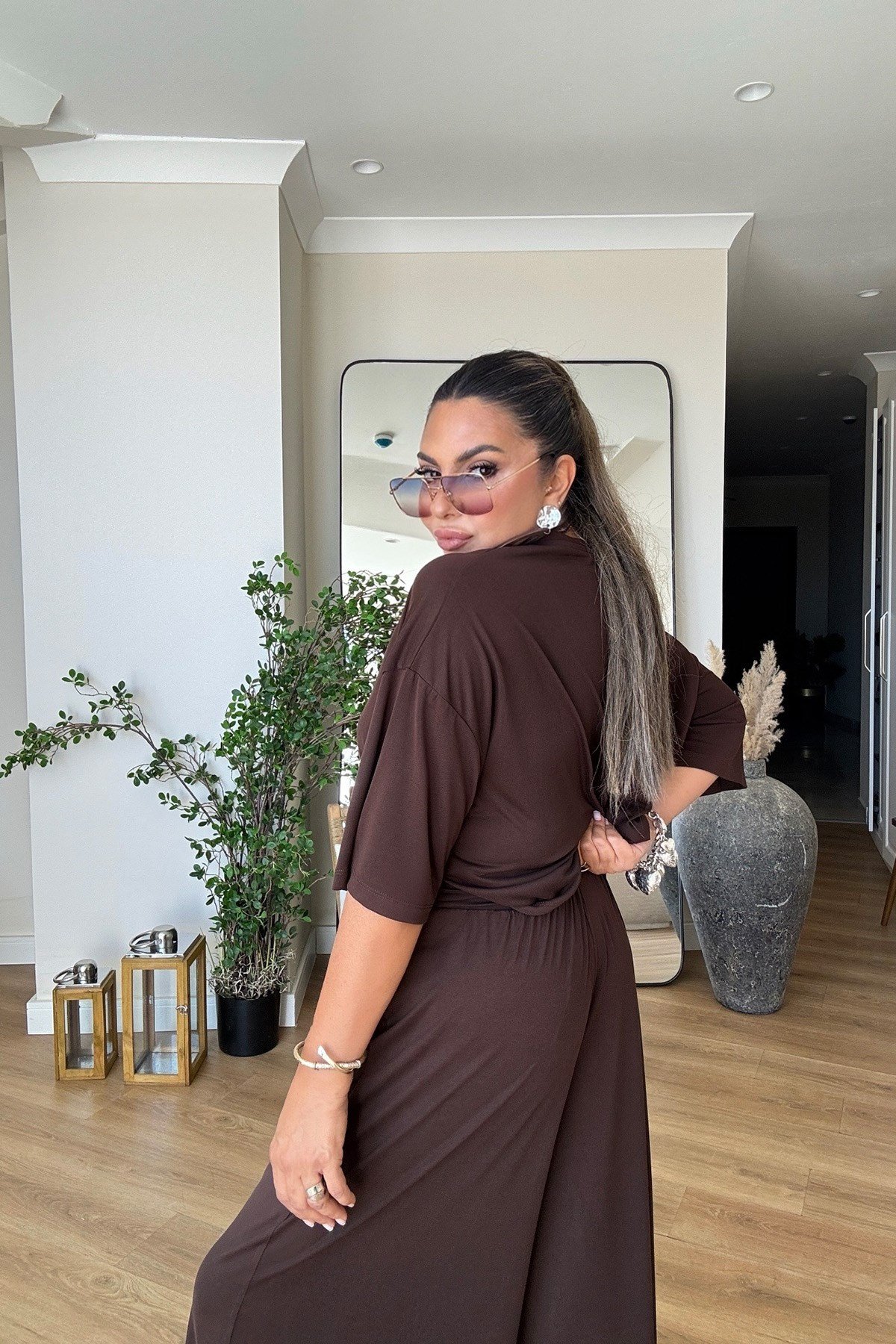V Kesim Bel Detay Lastikli Modal Pantolon Kahve
