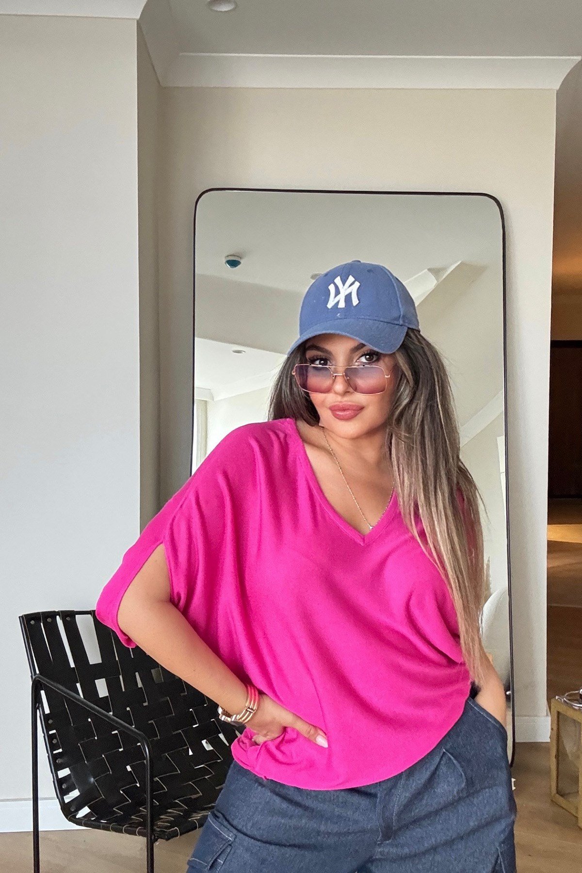 V Yaka İnce Yarım Kol Kazak Pembe
