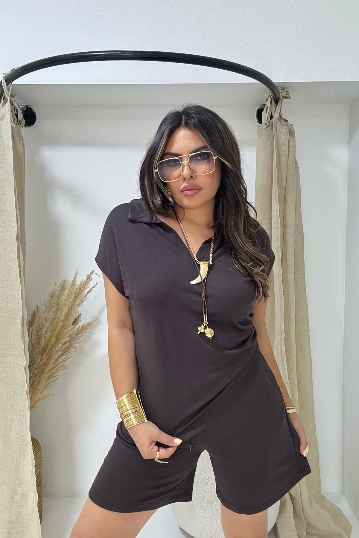 V Yaka Modal Şortlu Takım Acı Kahve
