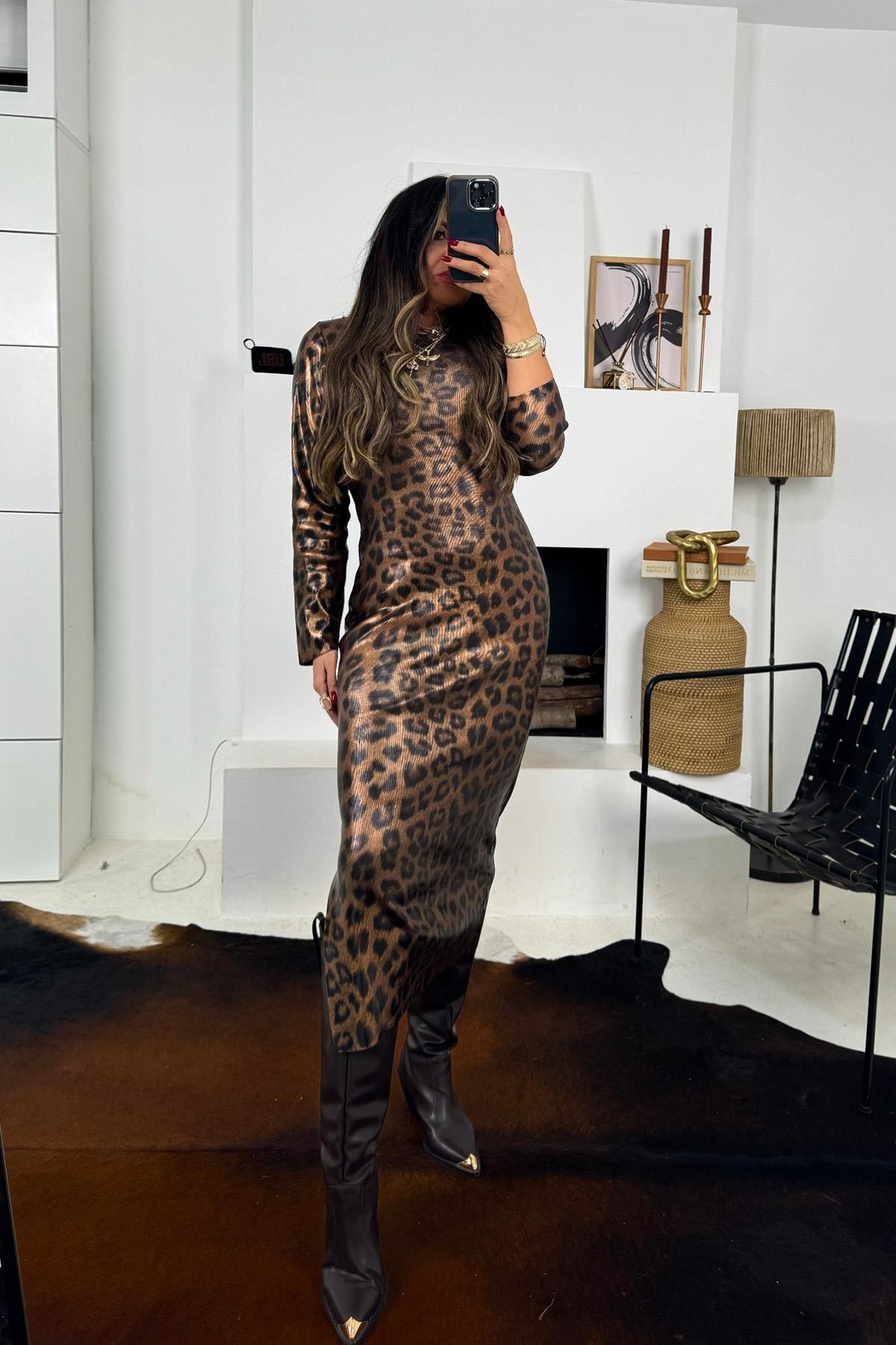 Varaklı Leopar Triko Midi Elbise Taba