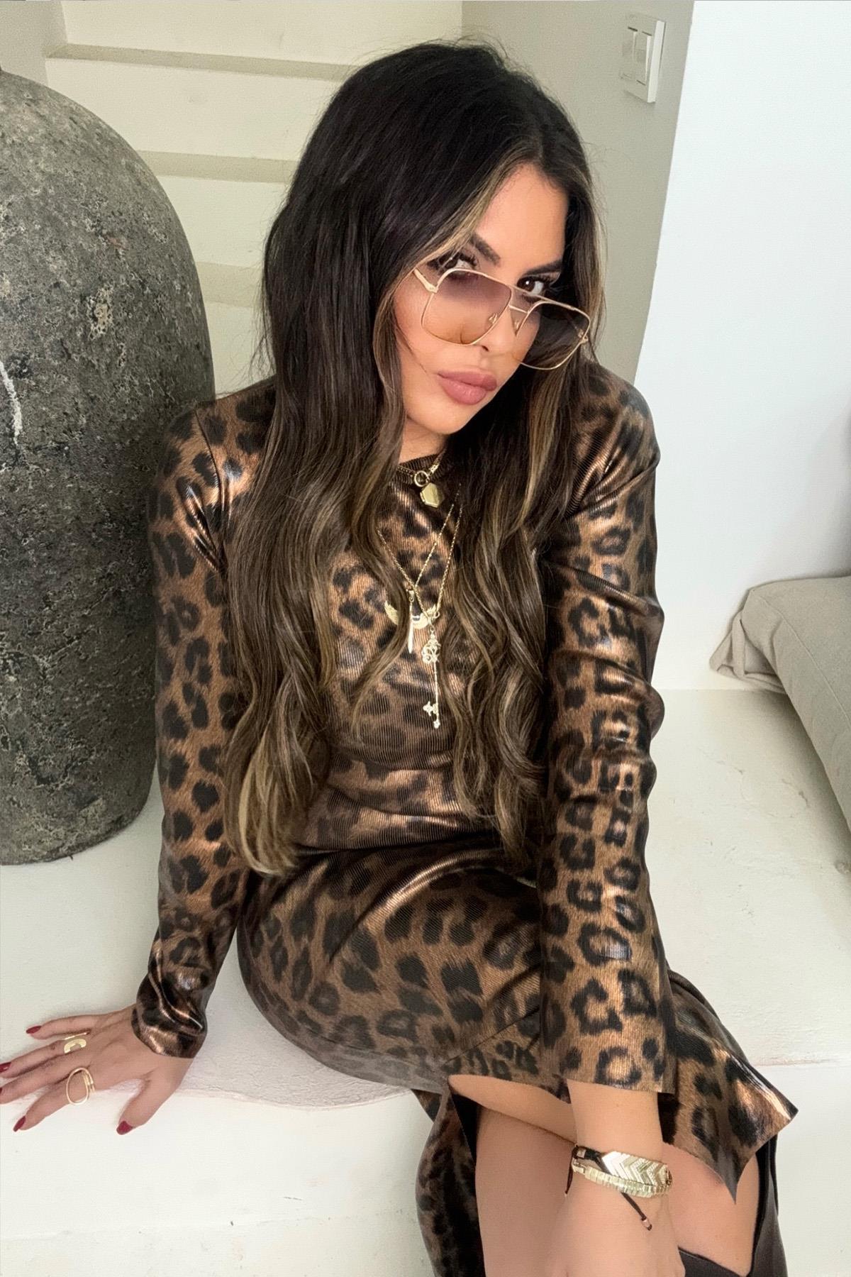 Varaklı Leopar Triko Midi Elbise Taba