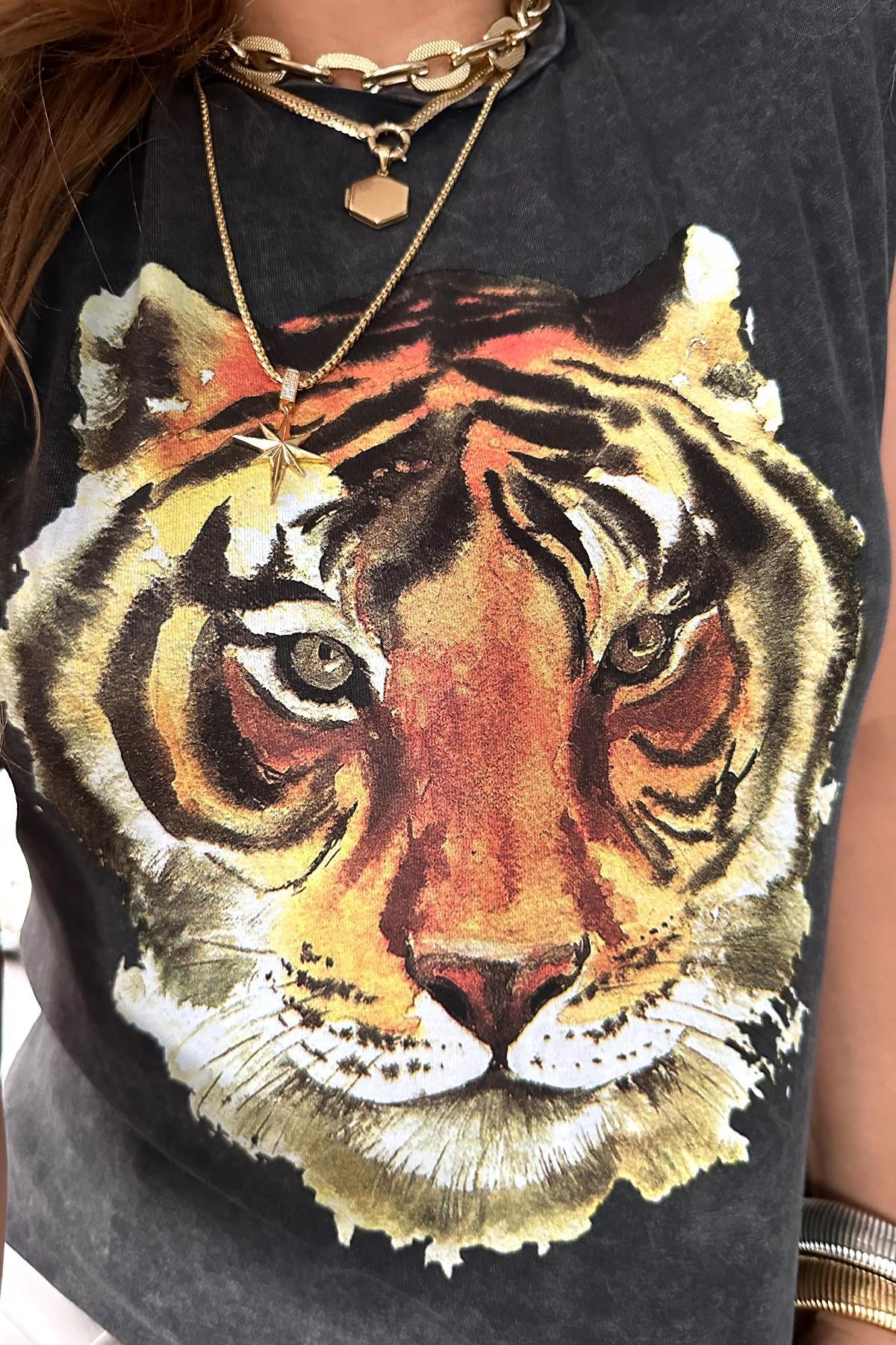 Vatkalı Yıkamalı Kaplan Tshirt Gri