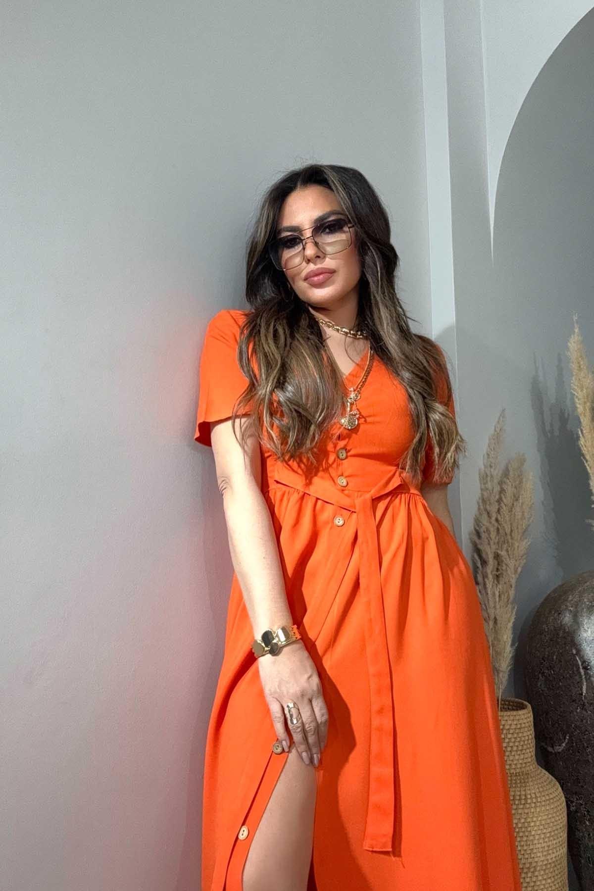 Viskon Kuşaklı Bel Detay Elbise Turuncu