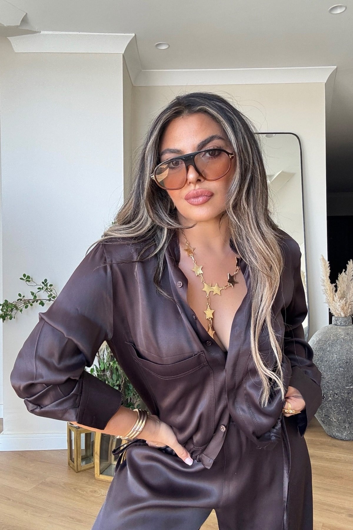 Viskon Saten Büzgü Bağcıklı Takım Acı Kahve