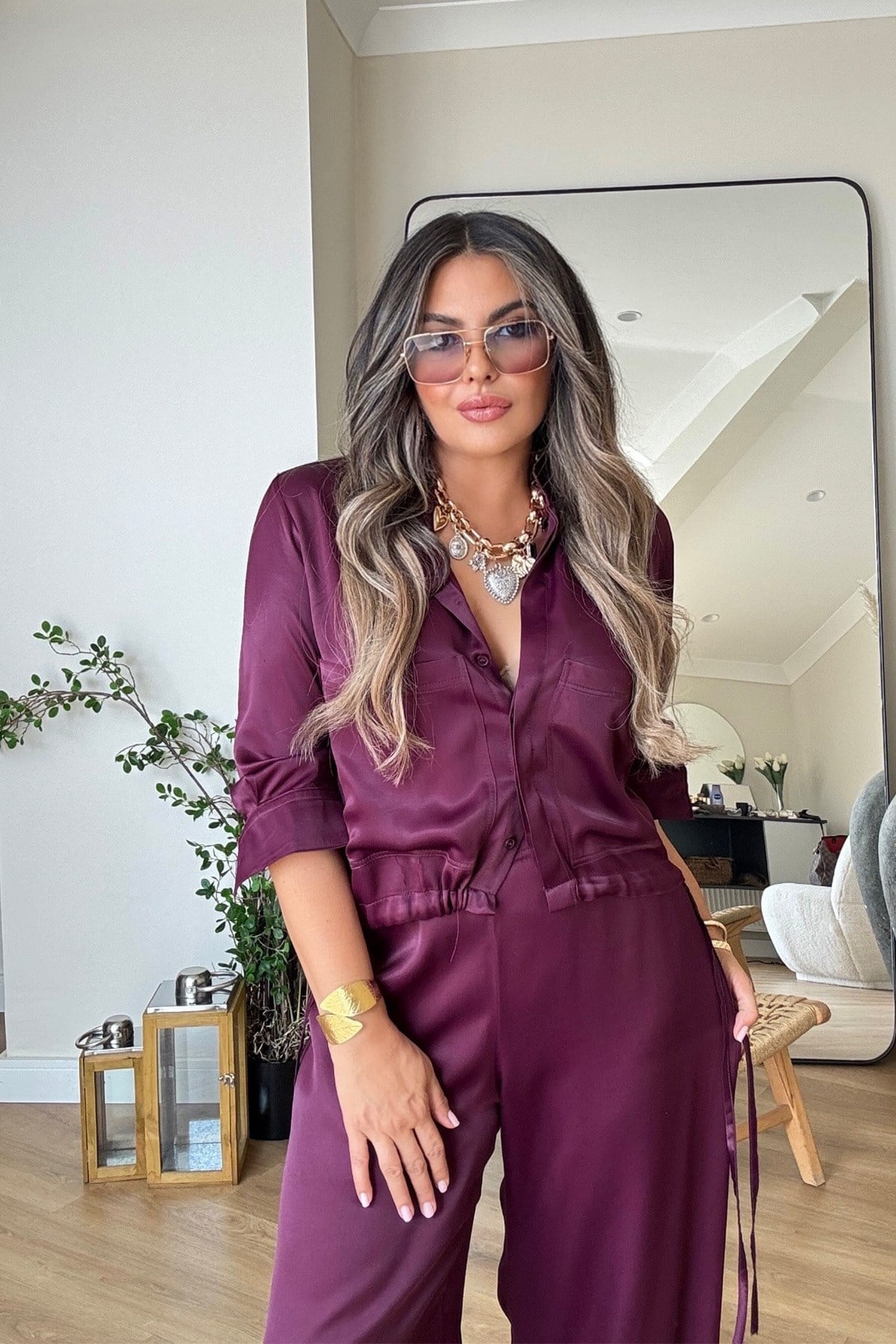 Viskon Saten Büzgü Bağcıklı Takım Vişne