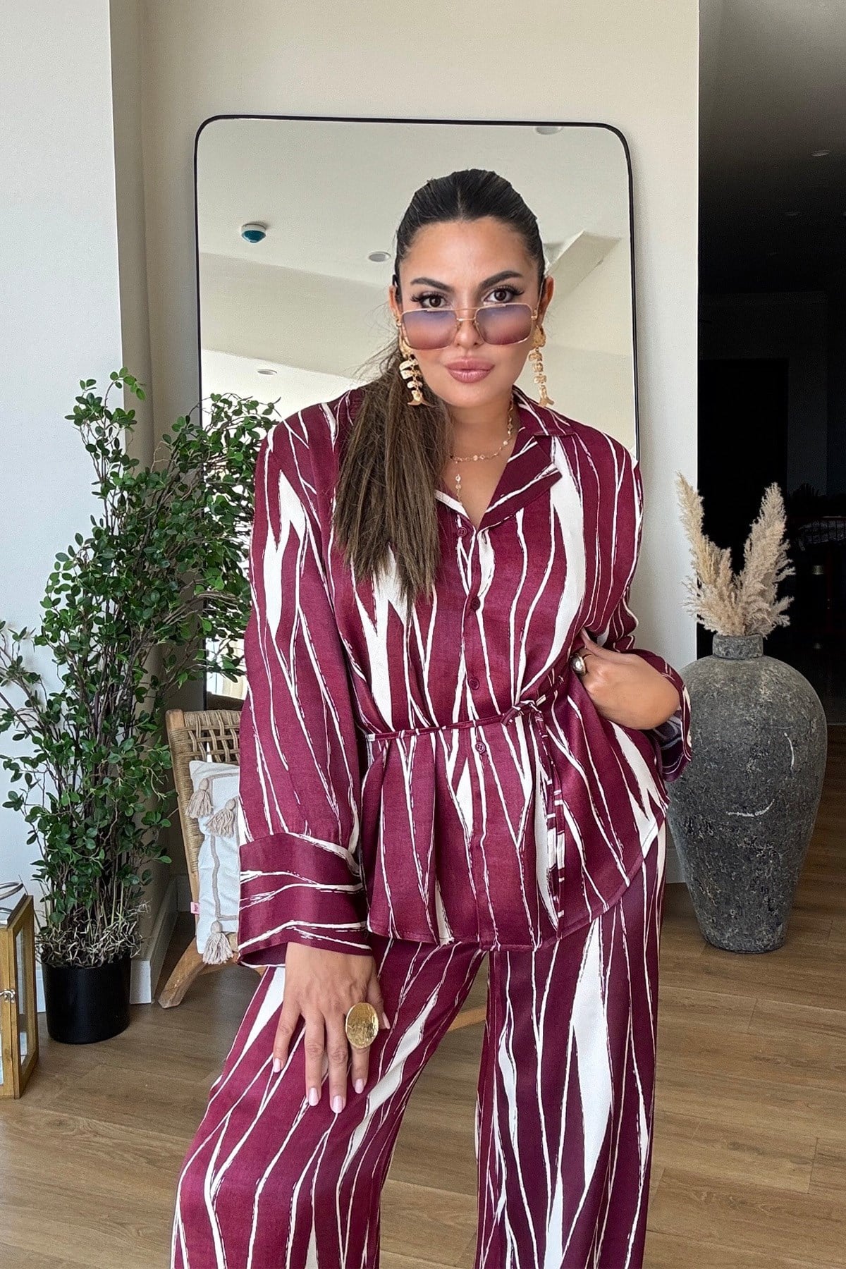 Viskon Saten Ceketli Takım Bordo