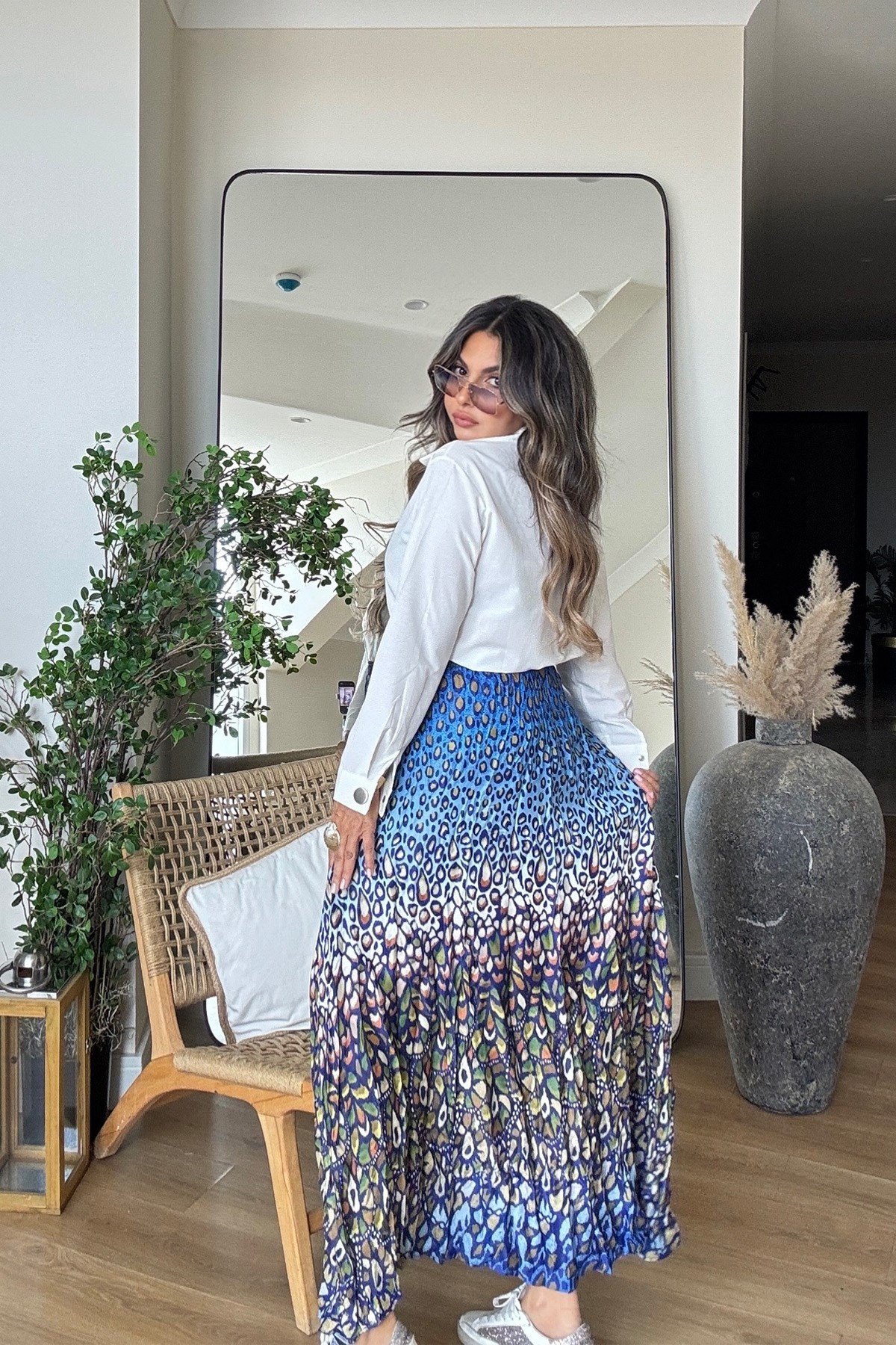 Viskon Saten Desenli  Krinkle Etek Mavi
