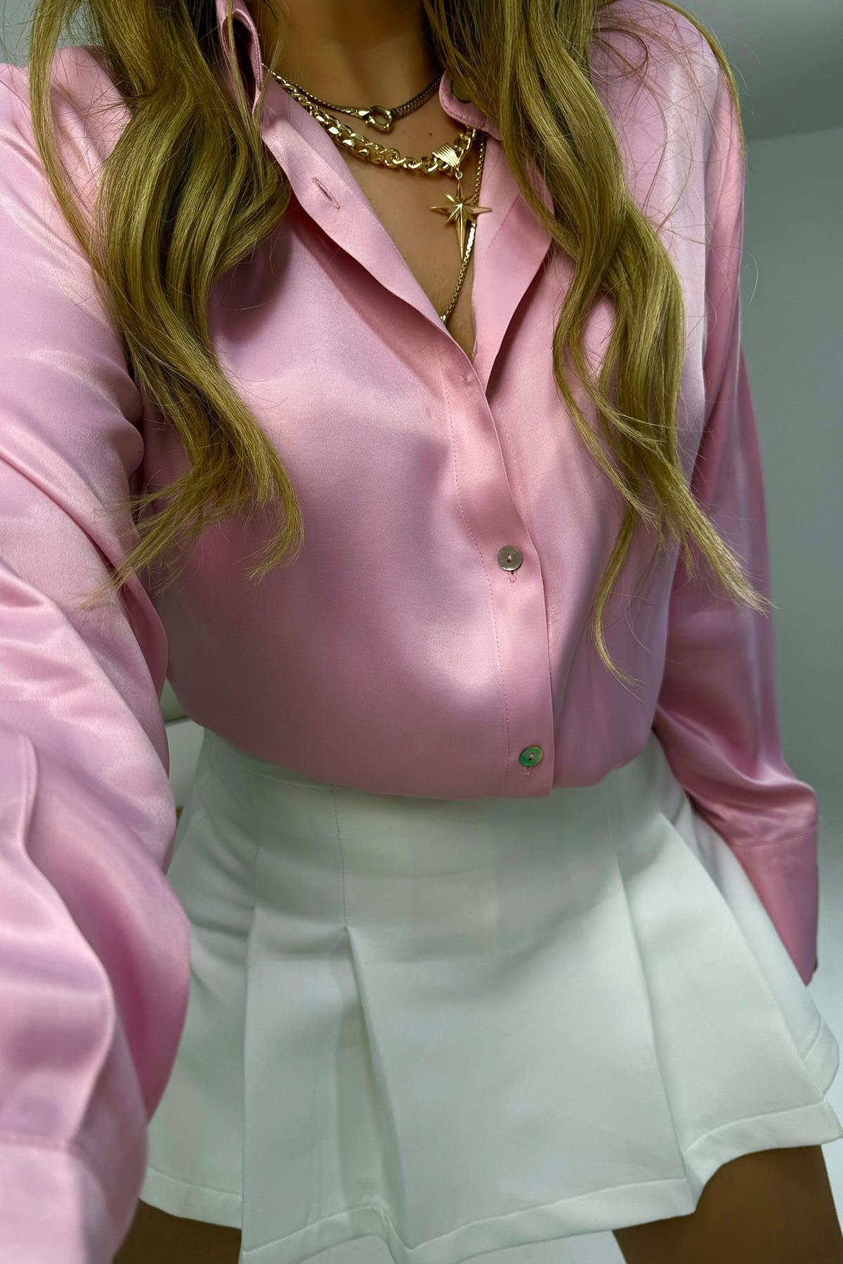 Viskon Saten Gömlek Pembe