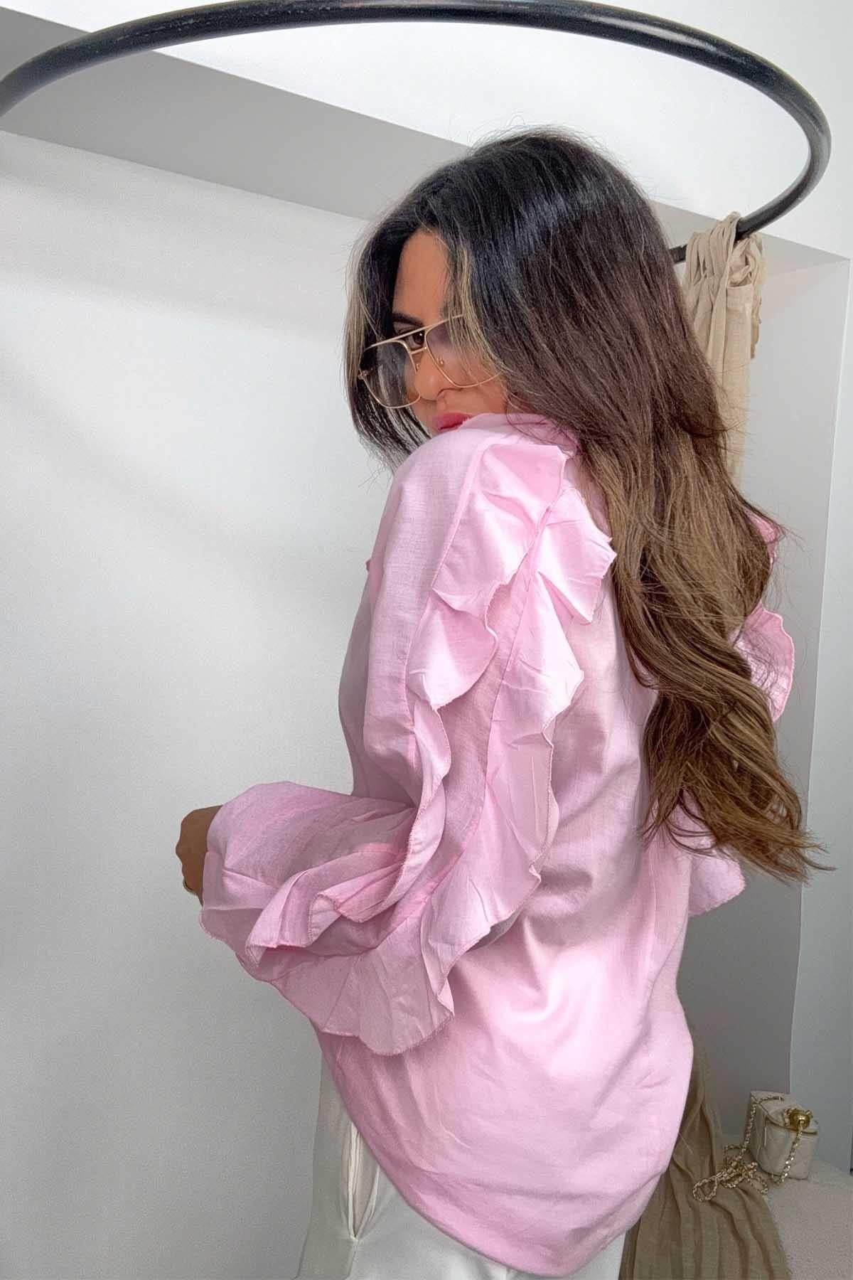 Volanlı Dökümlü Gömlek Pembe
