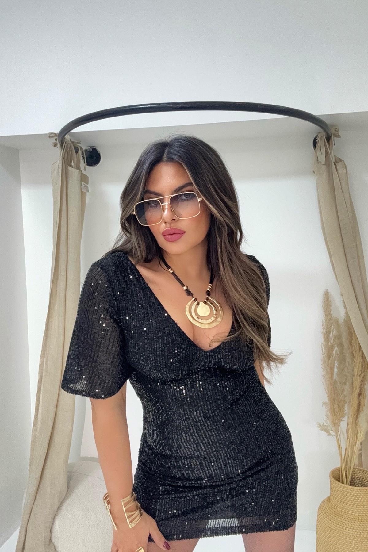 Volanlı Kol Detay Payet Elbise Siyah