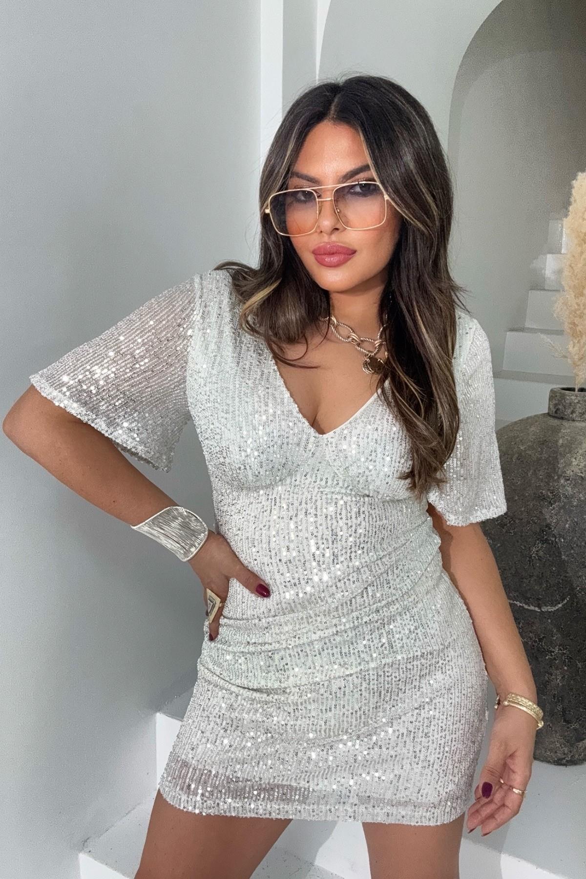 Volanlı Kol Detay Payet Elbise Taş