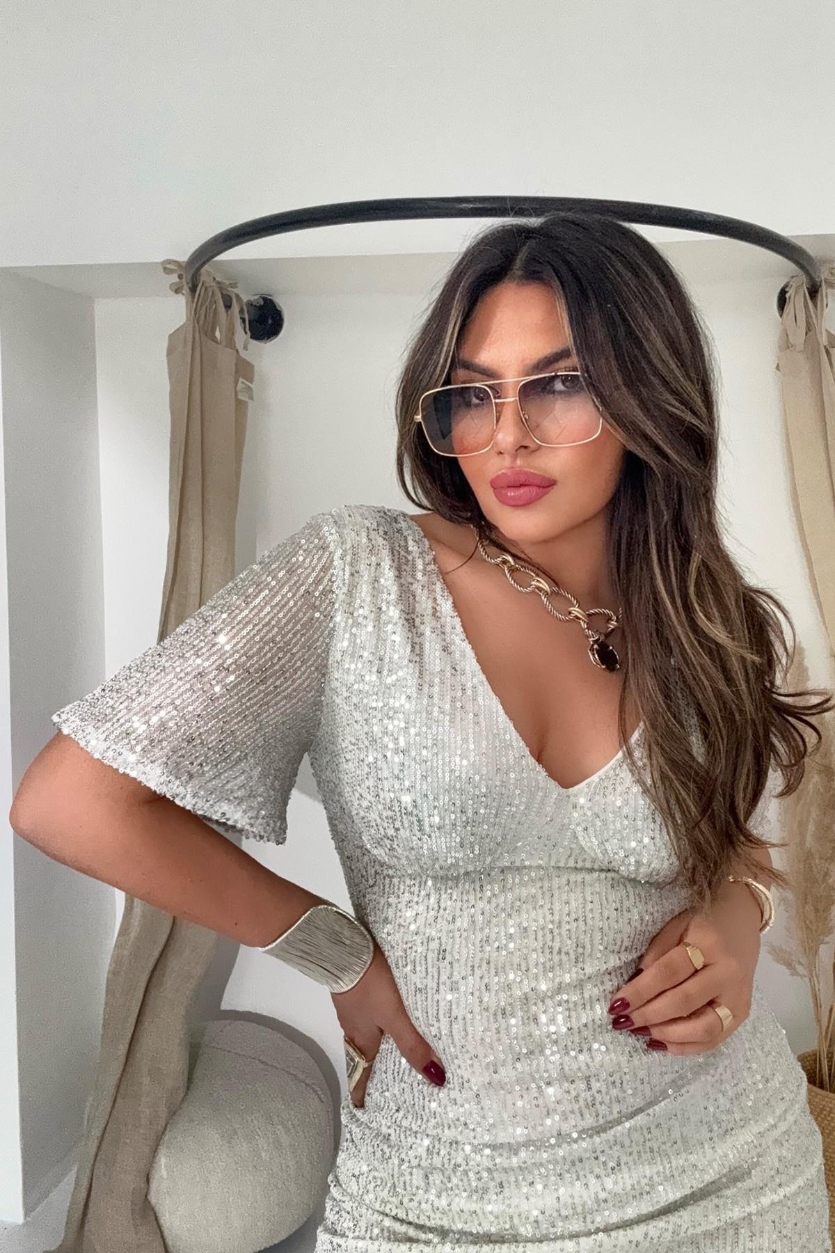 Volanlı Kol Detay Payet Elbise Taş