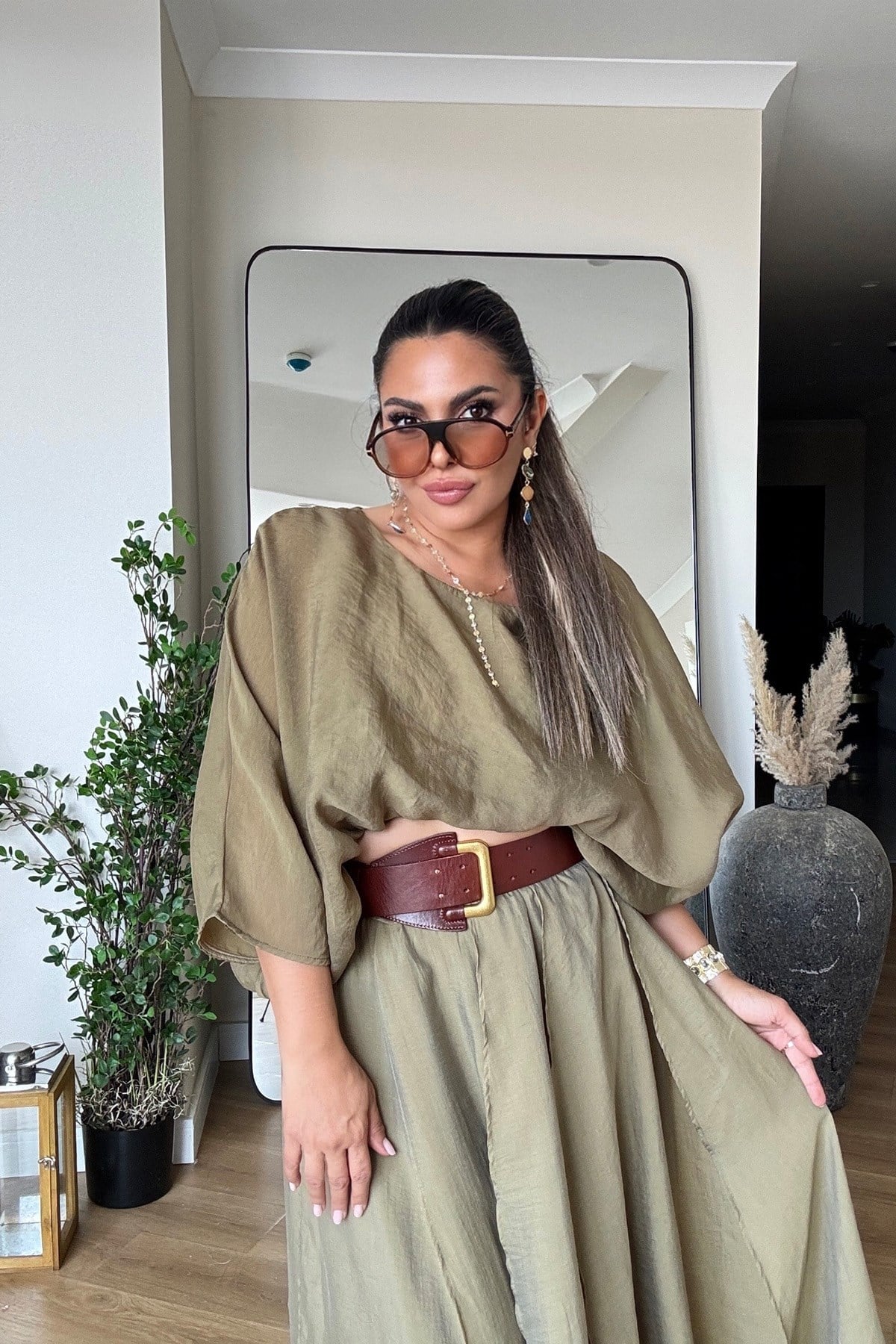 Vual Kumaş Balon Model Lastikli Bluz Haki