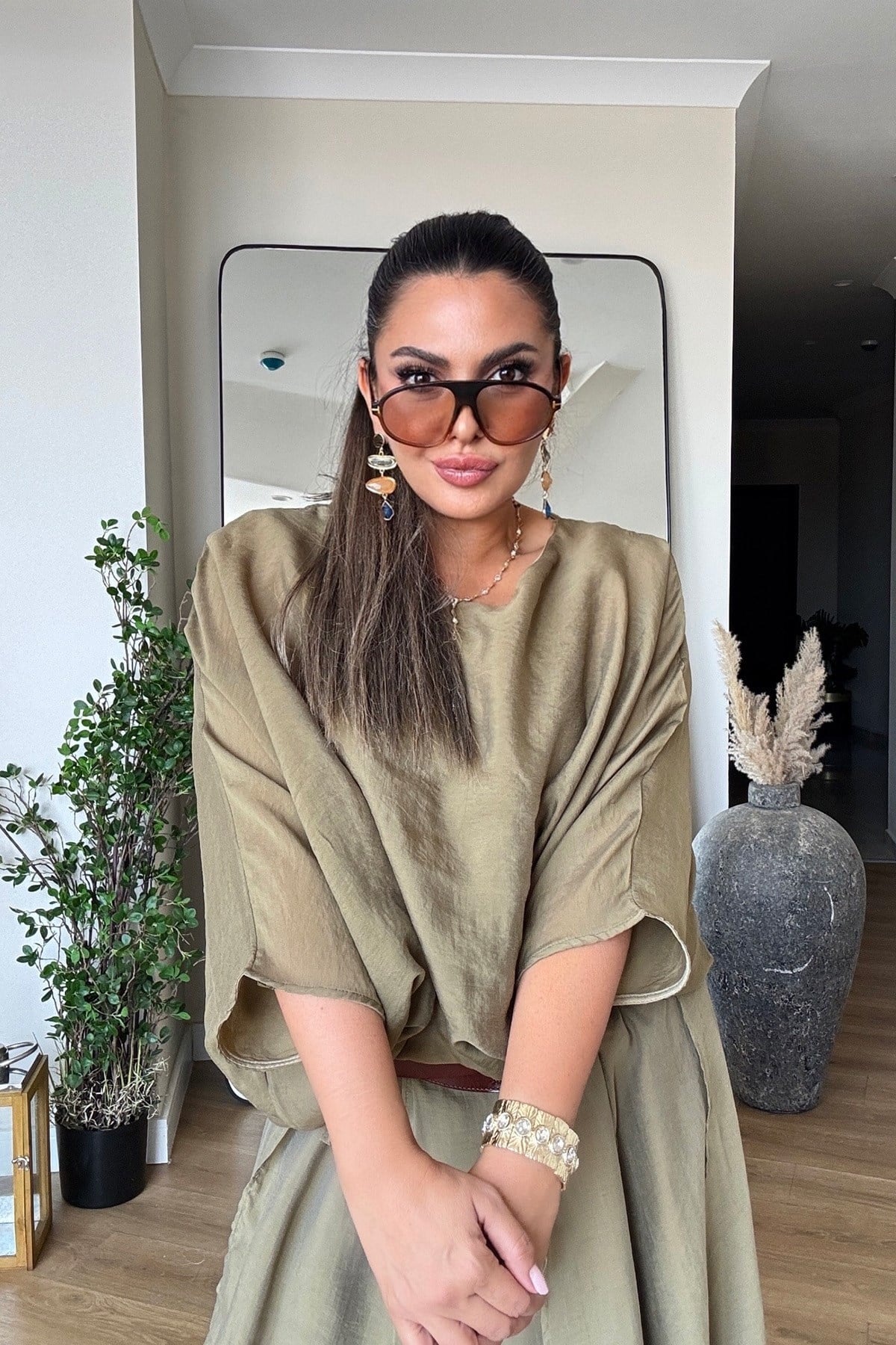 Vual Kumaş Balon Model Lastikli Bluz Haki