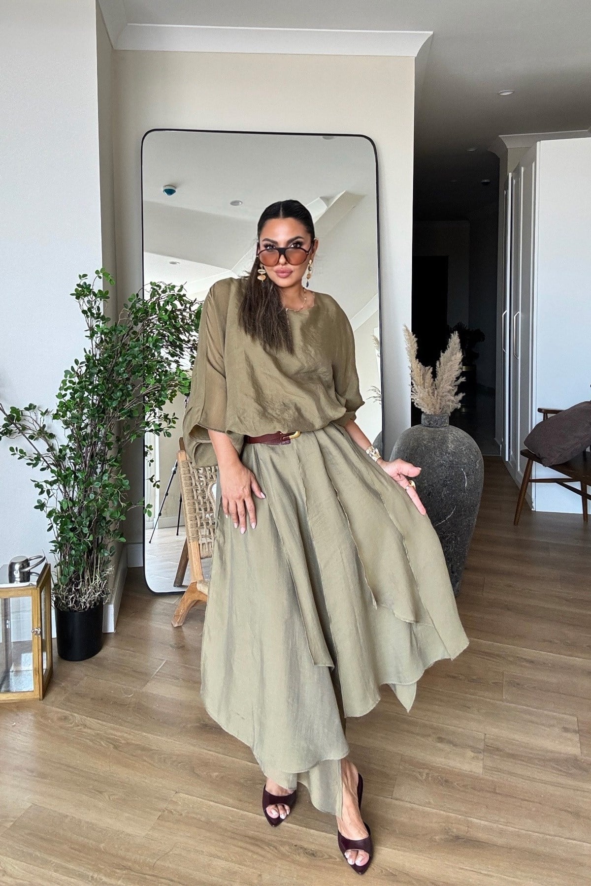 Vual Kumaş Balon Model Lastikli Bluz Haki