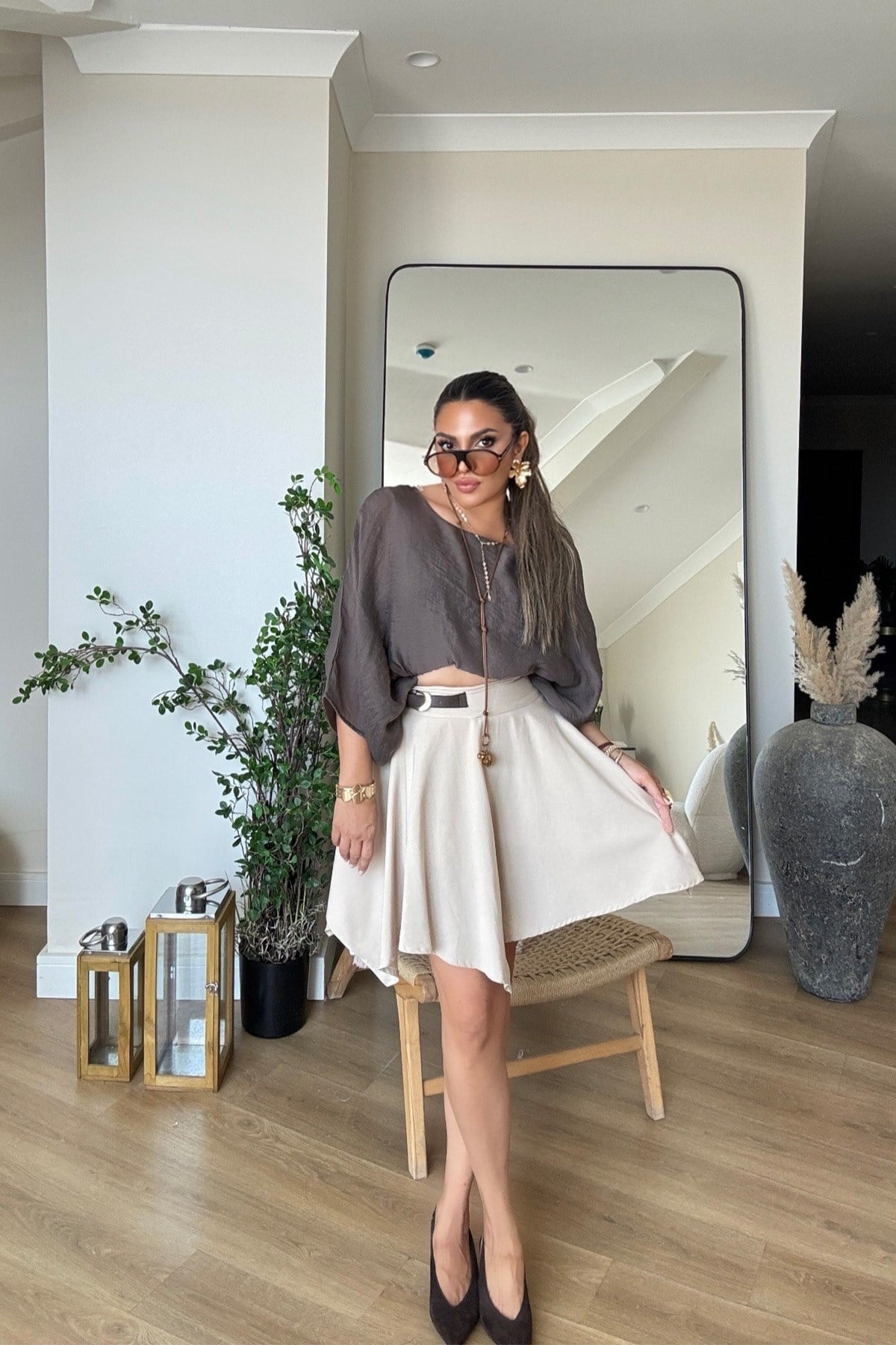 Vual Kumaş Balon Model Lastikli Bluz Kahve