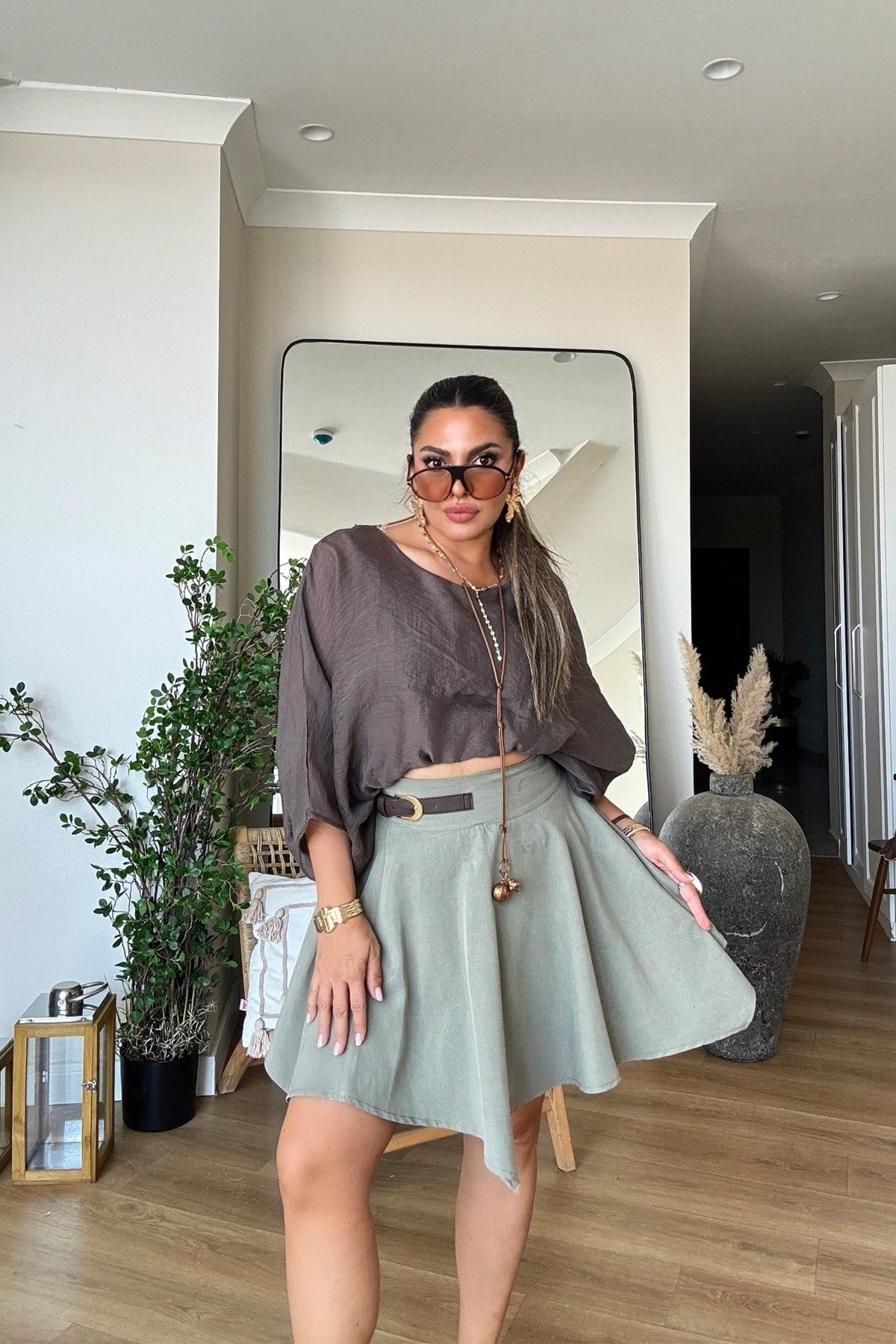 Vual Kumaş Balon Model Lastikli Bluz Kahve